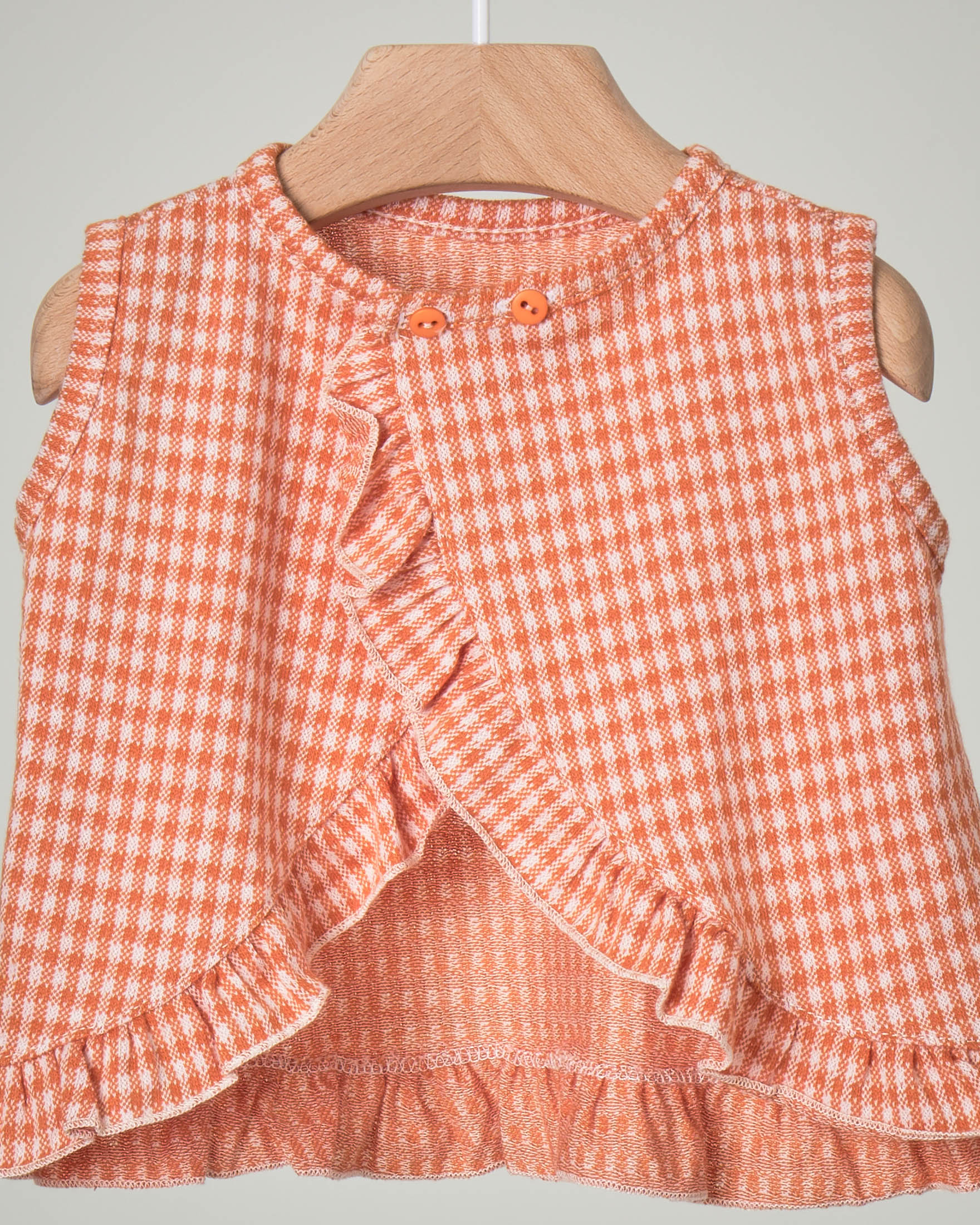 Top in cotone fantasia pied de poule arancione e bianco con volants 3-12 mesi image