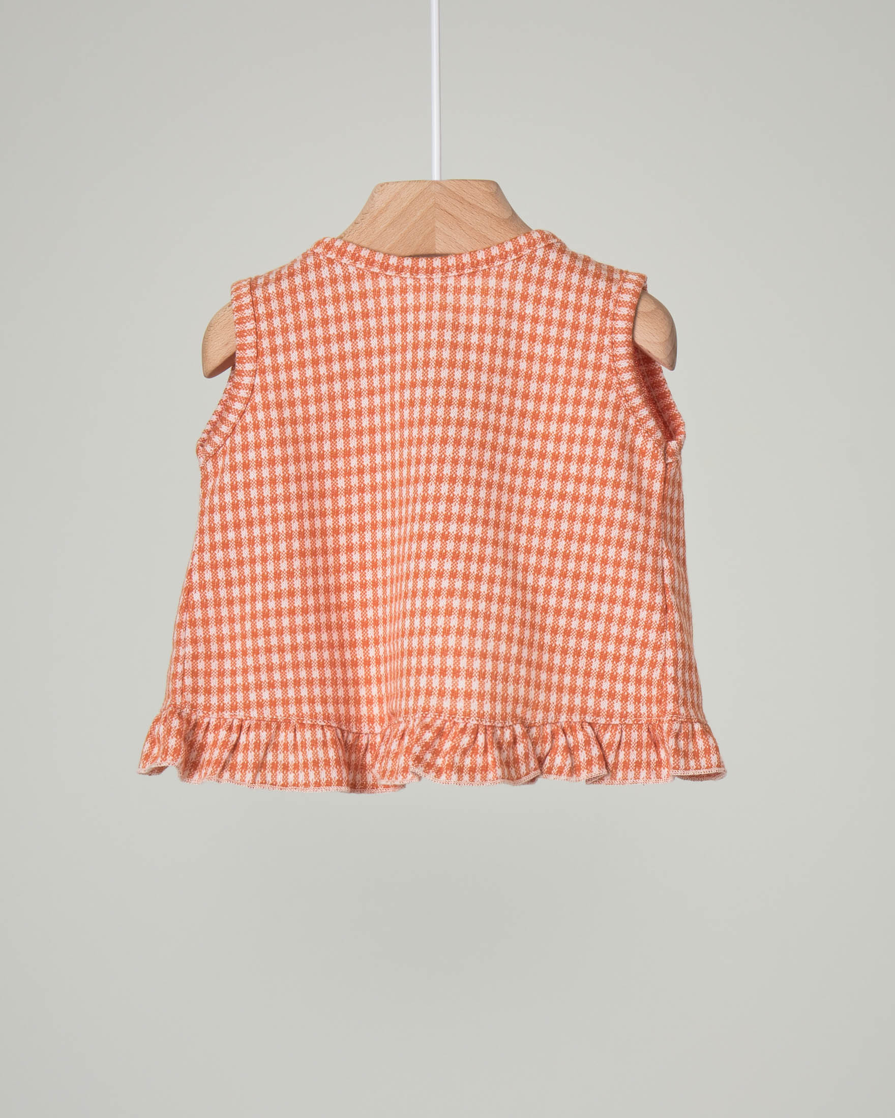 Top in cotone fantasia pied de poule arancione e bianco con volants 3-12 mesi