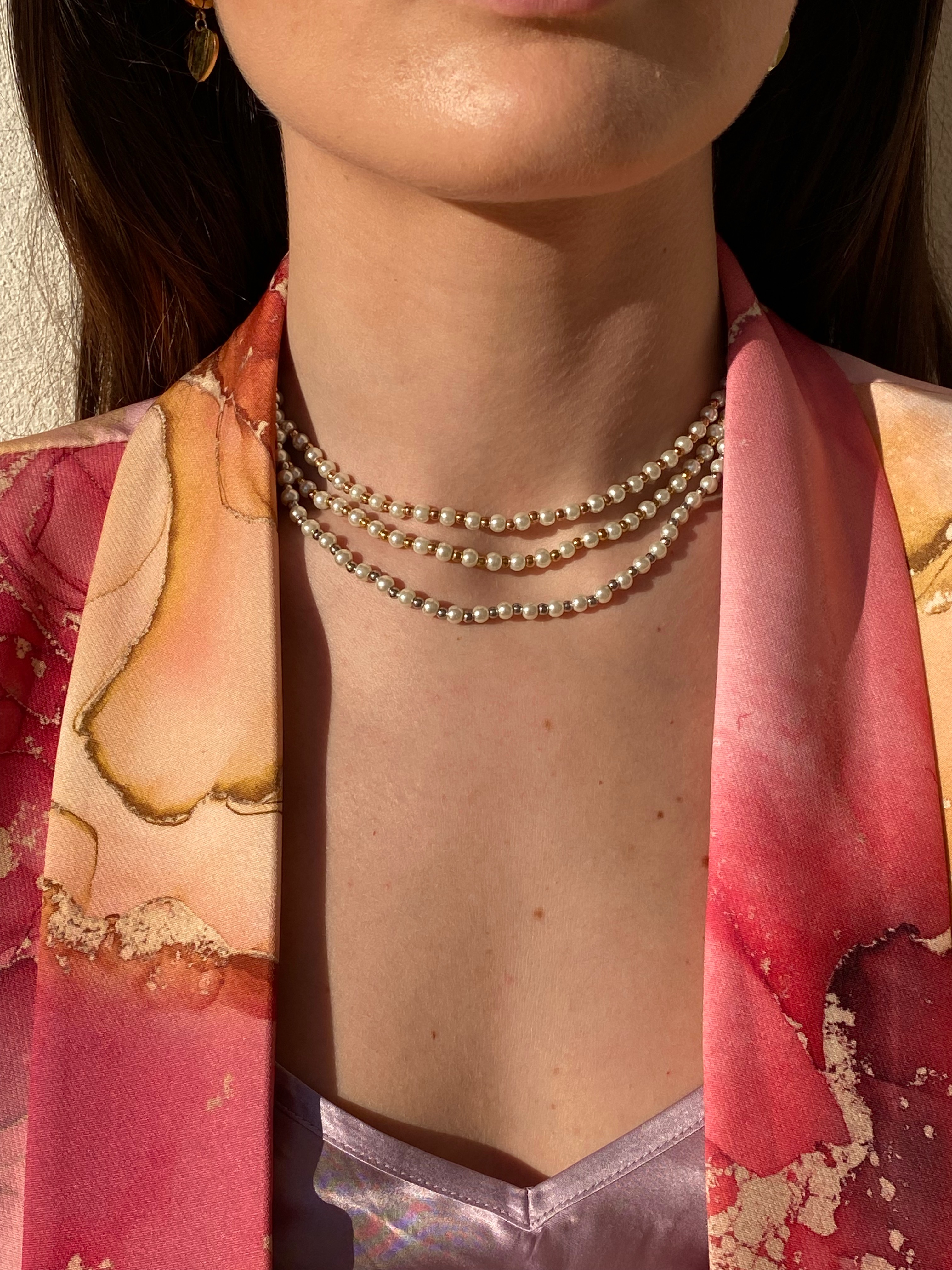 COLLANA PERLE BIANCHE ORO,ARGENTO O ORO ROSA