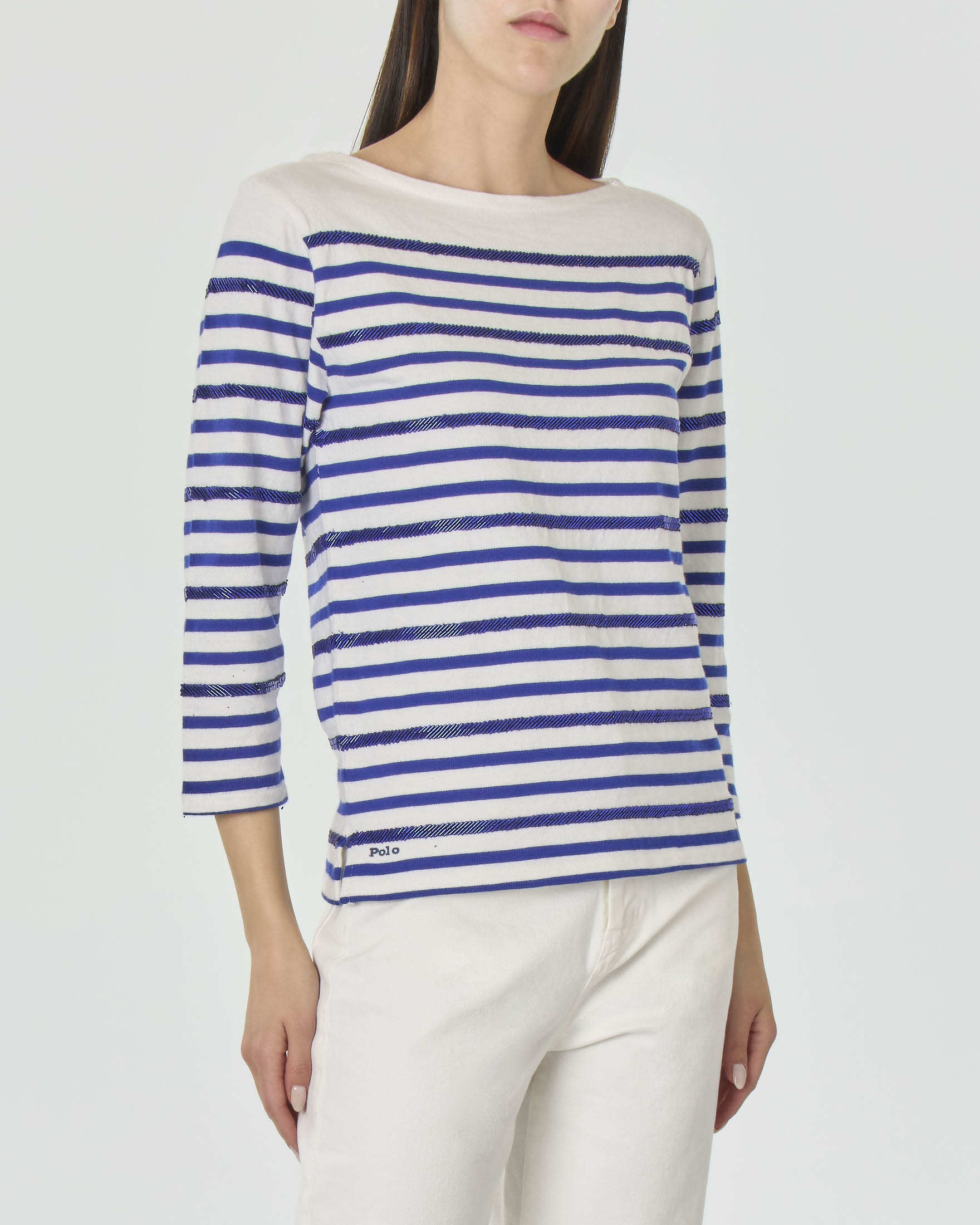 T shirt in cotone bianca a righe blu con perline applicate e