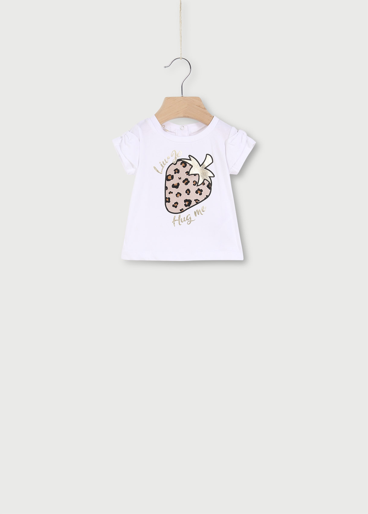 T-shirt bianca mezza in cotone stretch con stampa fragola in fantasia animalier 6-18 mesi