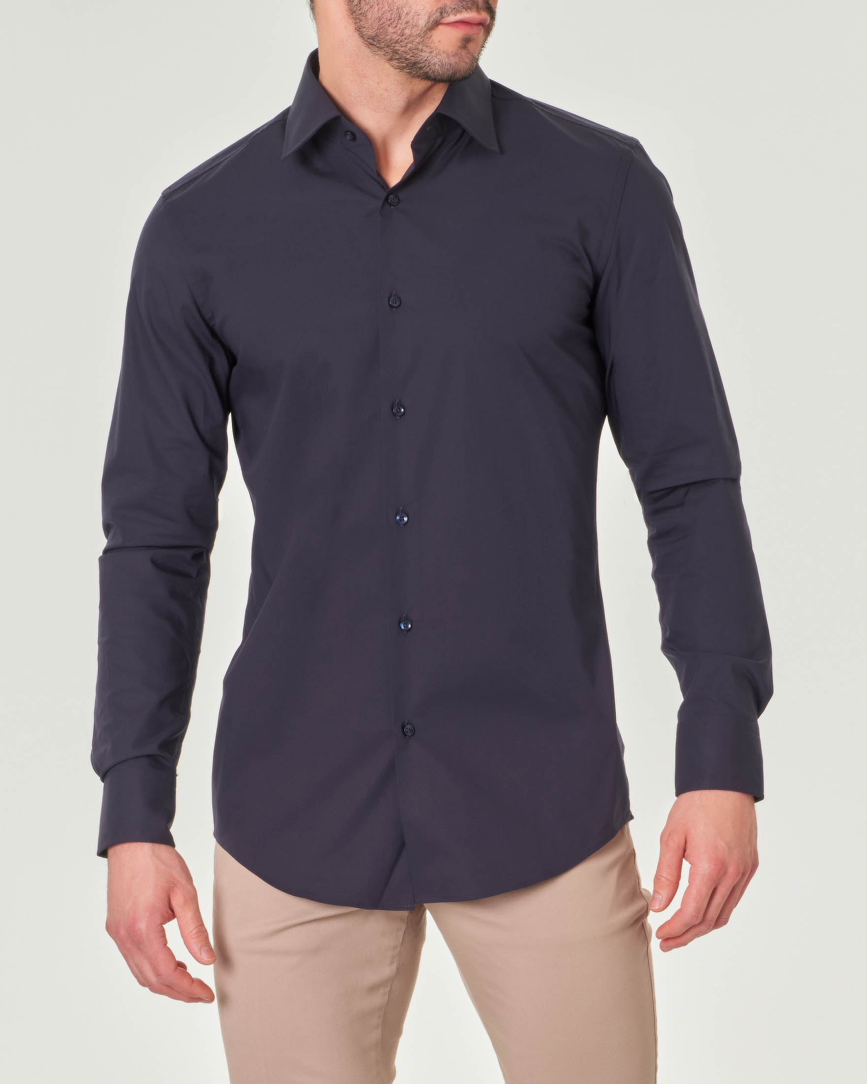 Camicia blu Hank in popeline di cotone stretch con colletto Kent