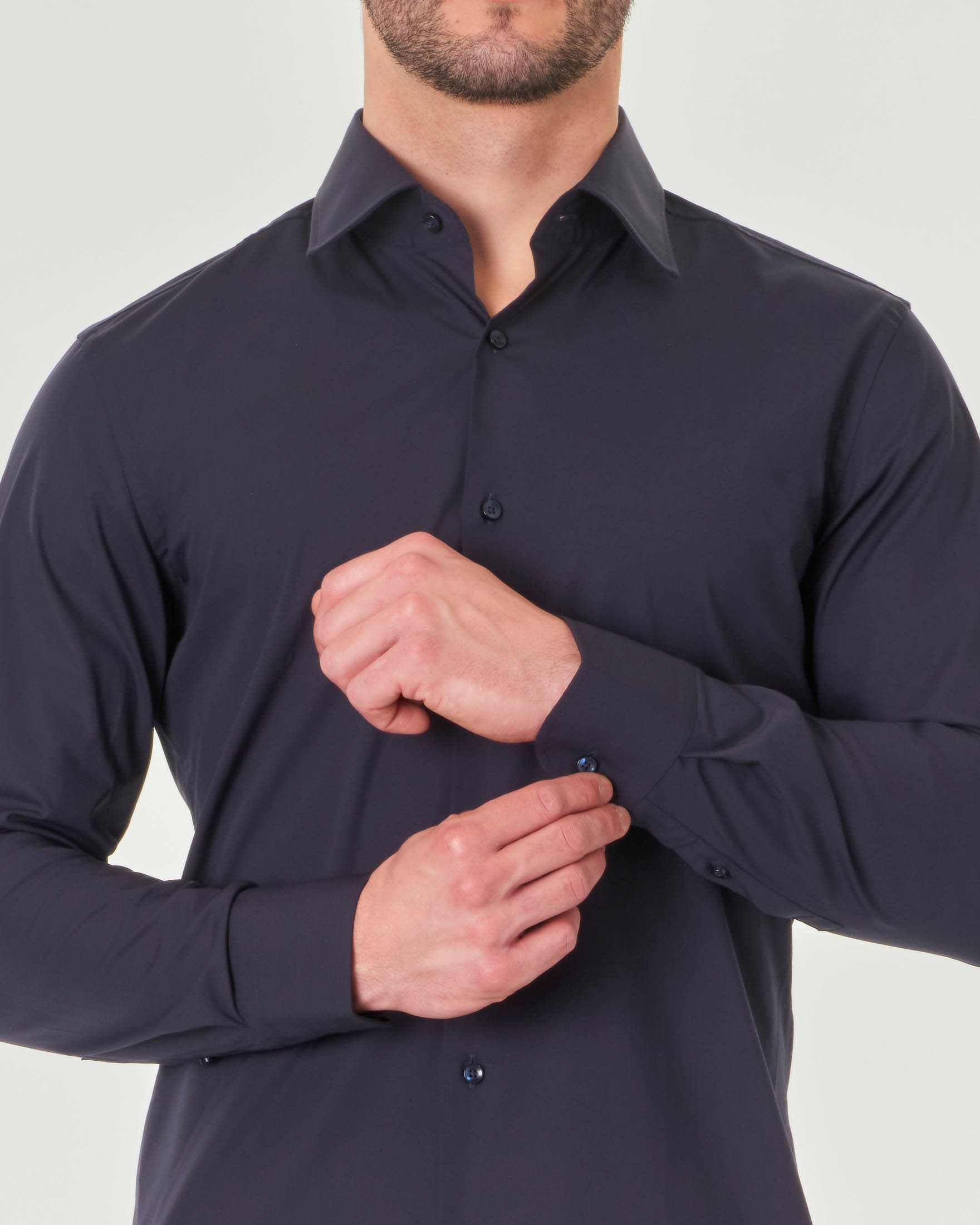 Camicia blu Hank in popeline di cotone stretch con colletto Kent