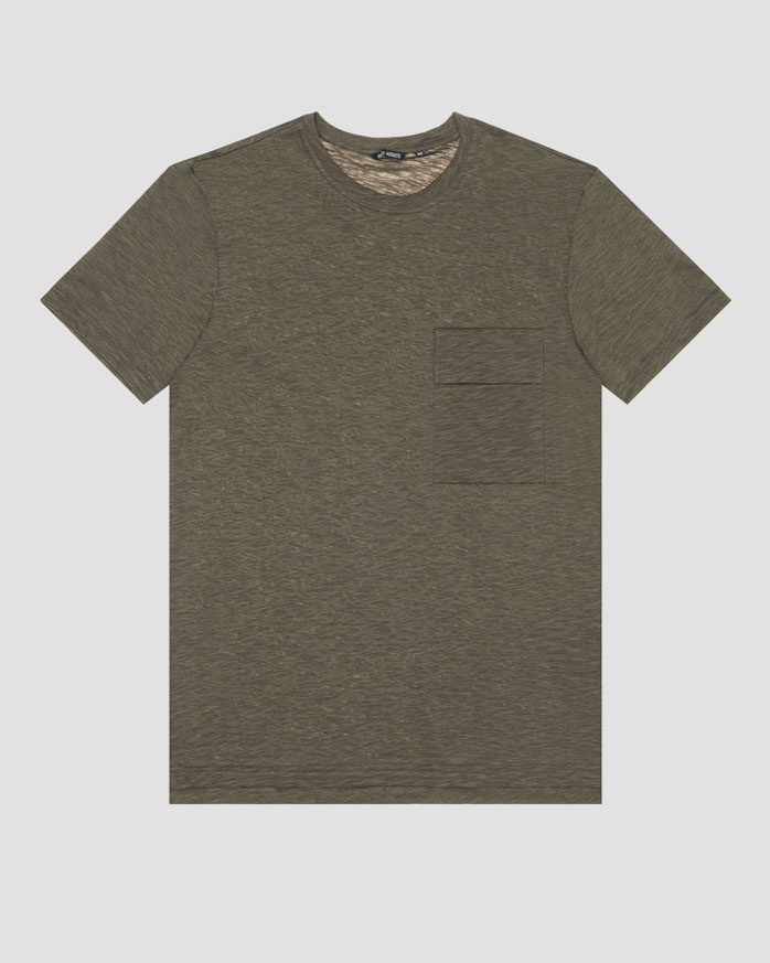T-shirt verde militare mezza manica in cotone fiammato con taschino