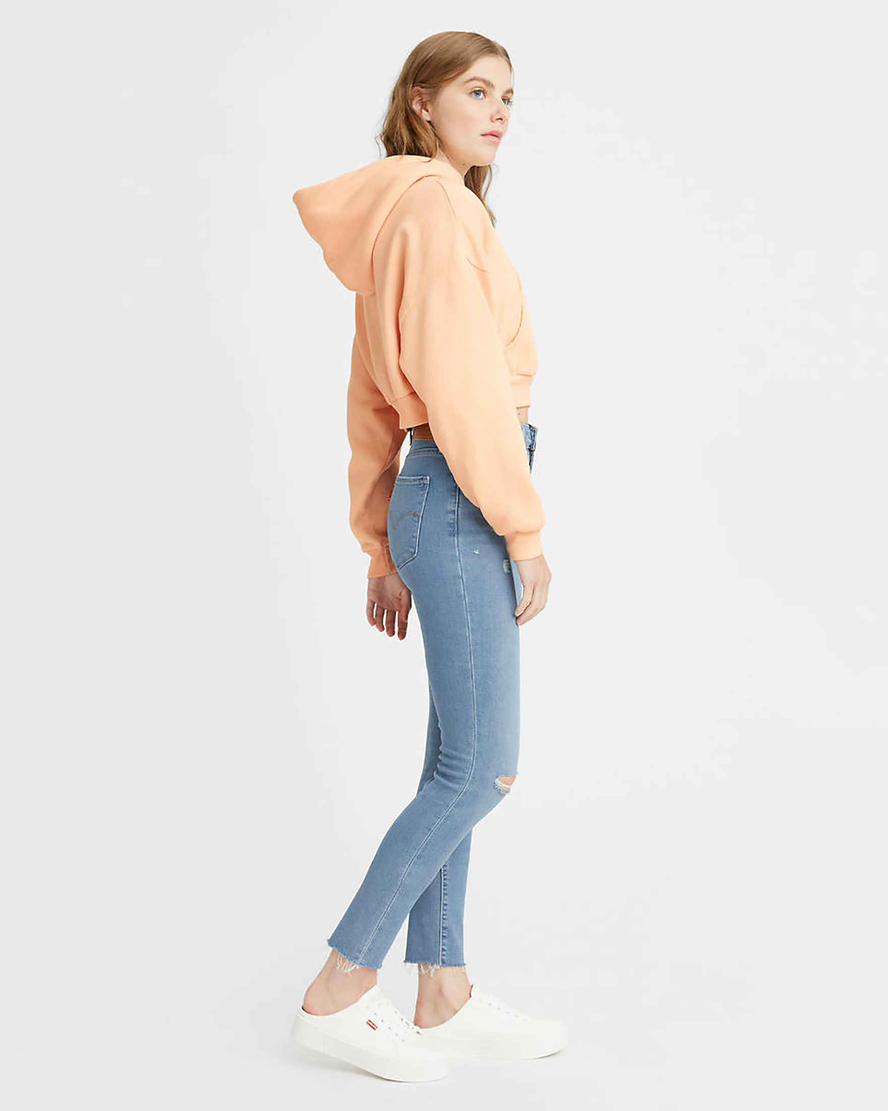 Jeans 721 skinny a vita alta con rotture sulle ginocchia in lyocell e cotone blu super stone washed