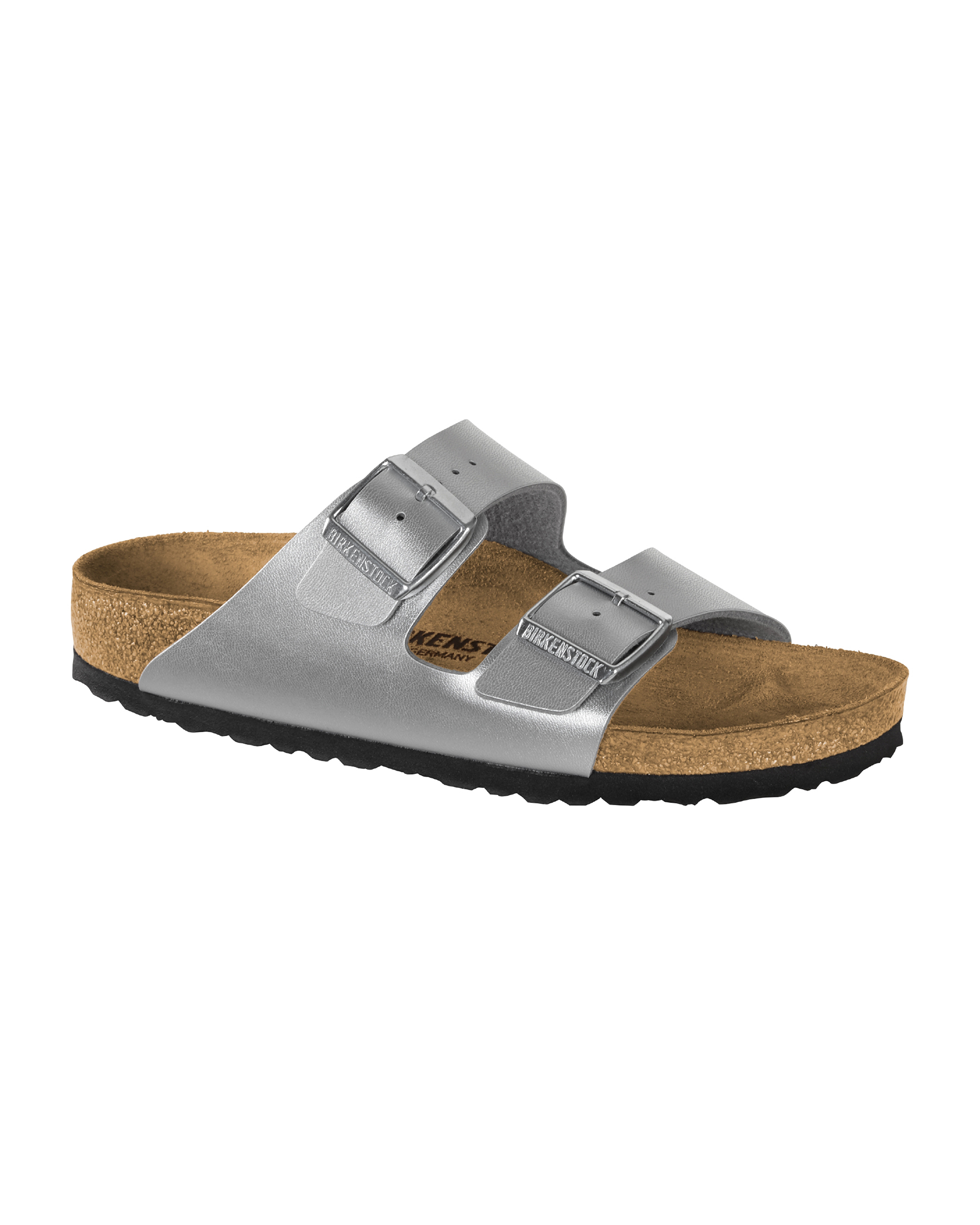 Sandalo Arizona Birkenstock in pelle color argento effetto laminato con doppia fascetta