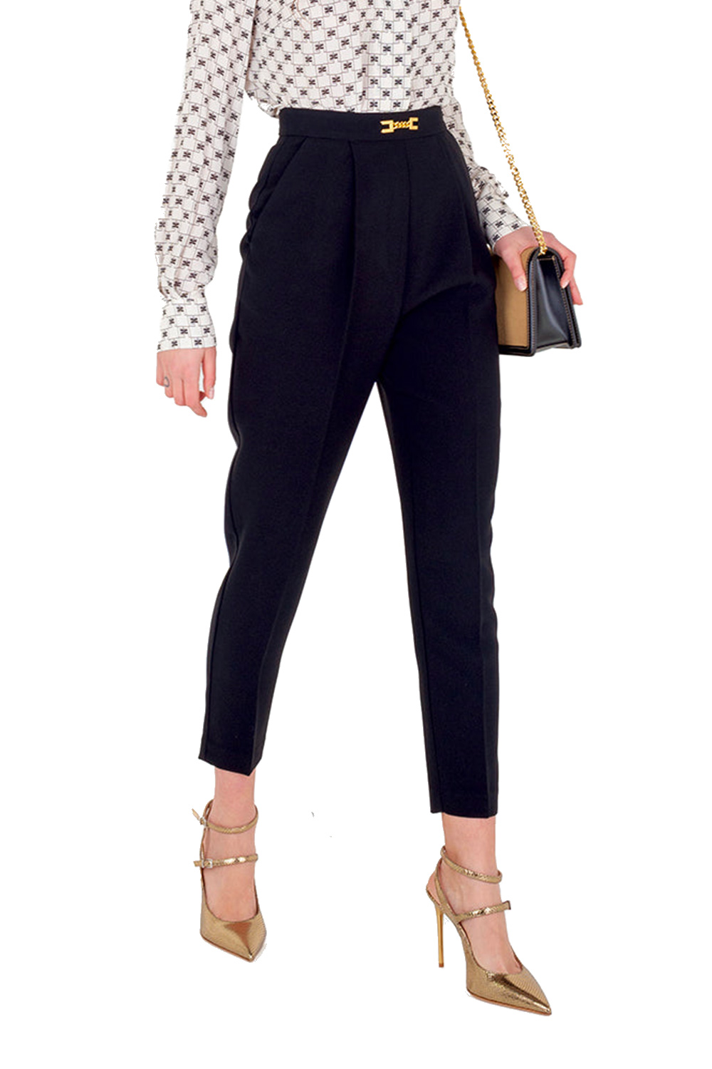 Elisabetta Franchi Essential Black Crepe Trousers with Logo at the