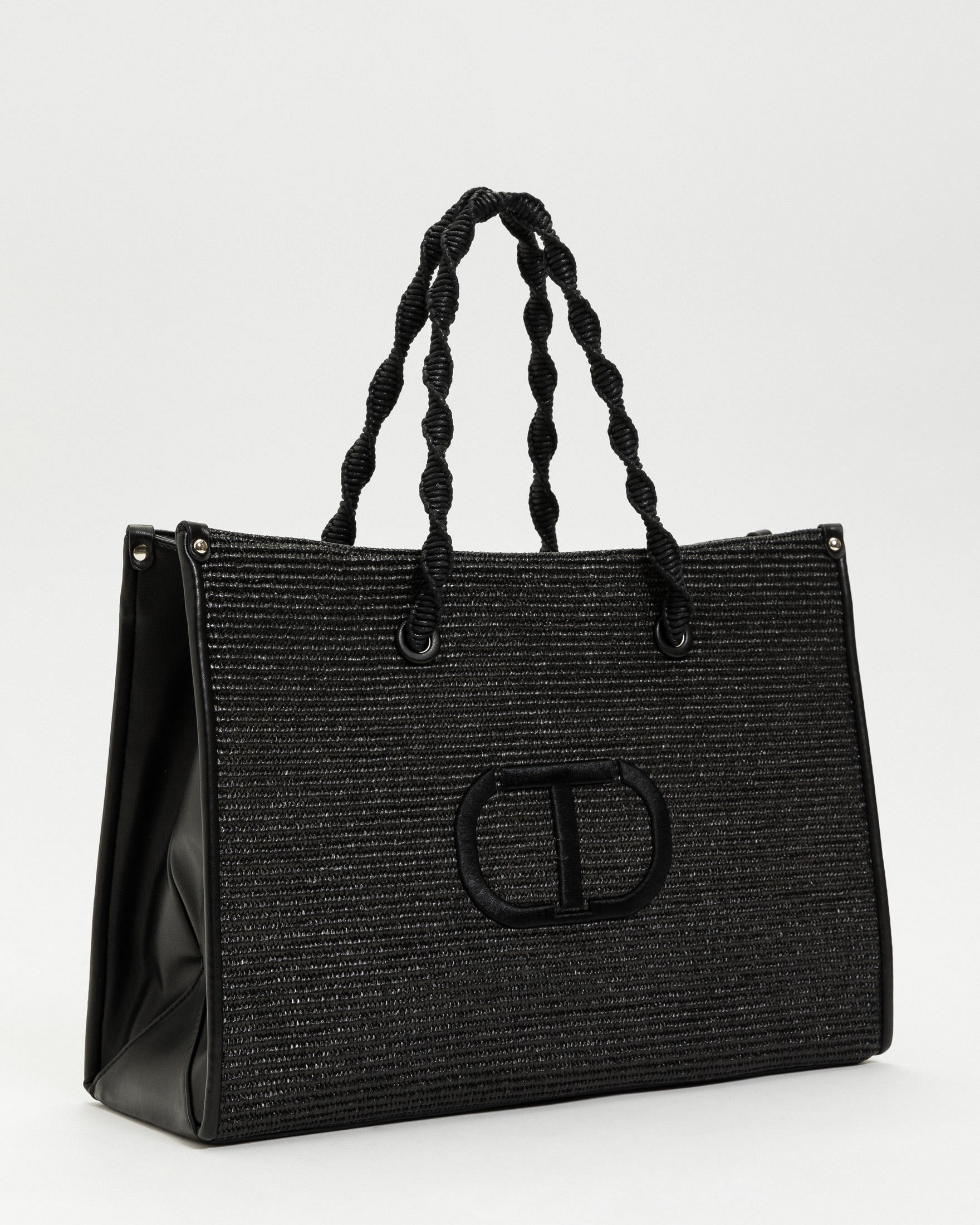 Shopping bag nera modello Darling in raffia con manici torchon