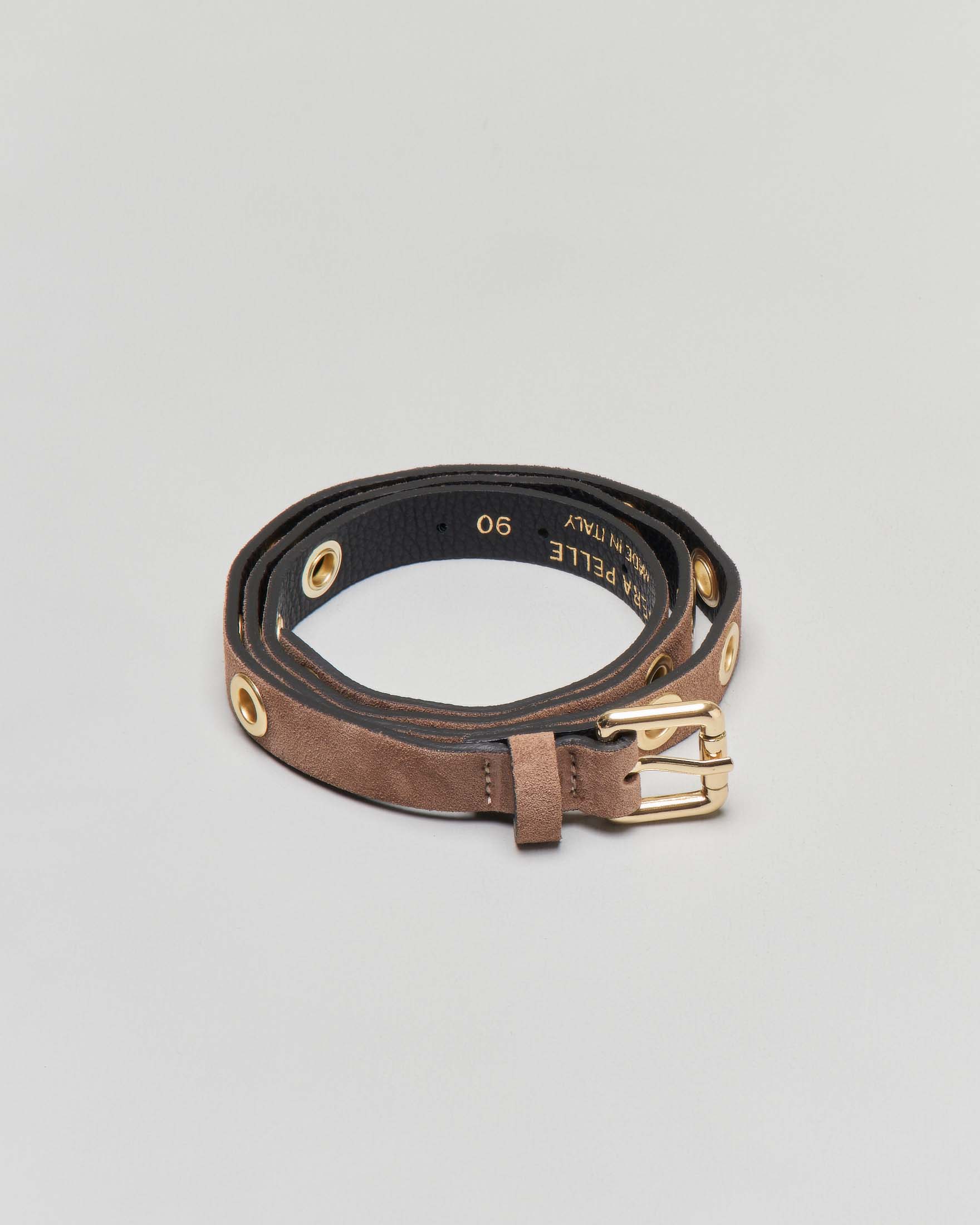 Cintura in pelle suede color taupe con borchie dorate