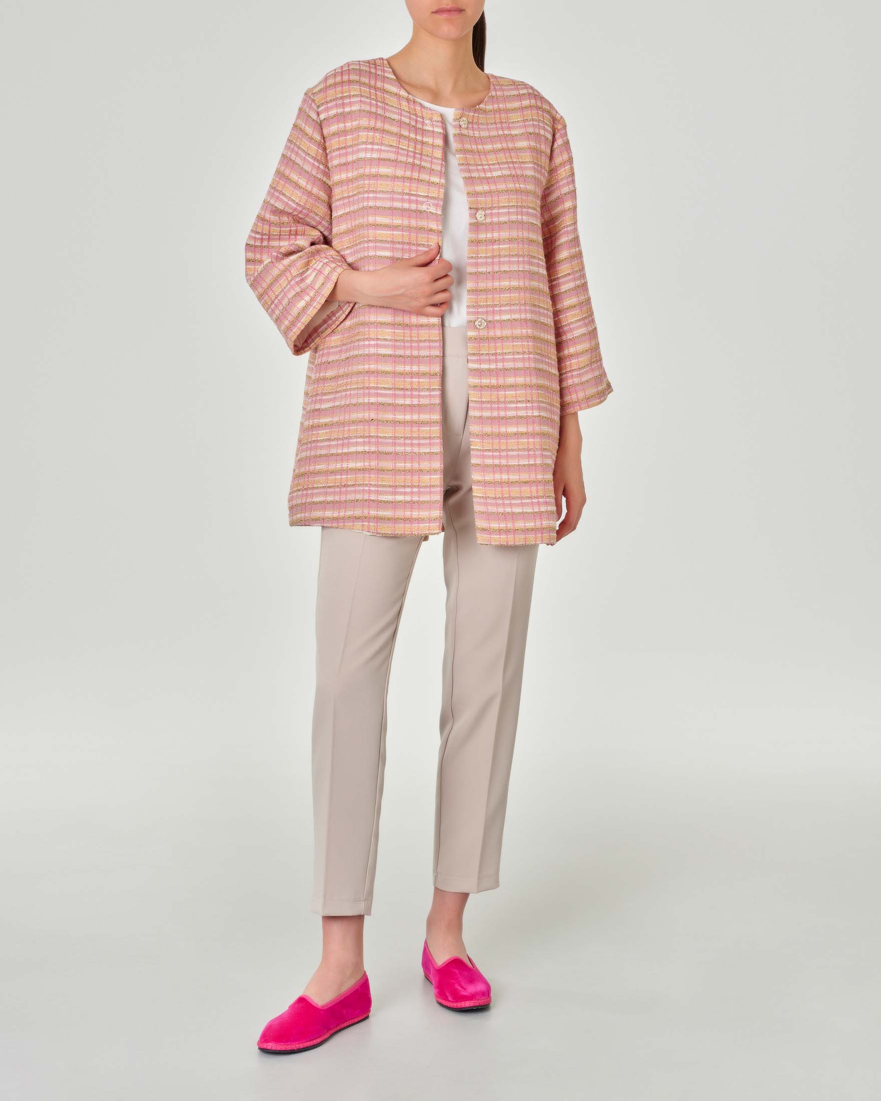 Caban dritto in stuoia con inserti in lurex fucsia e giallo senza colletto