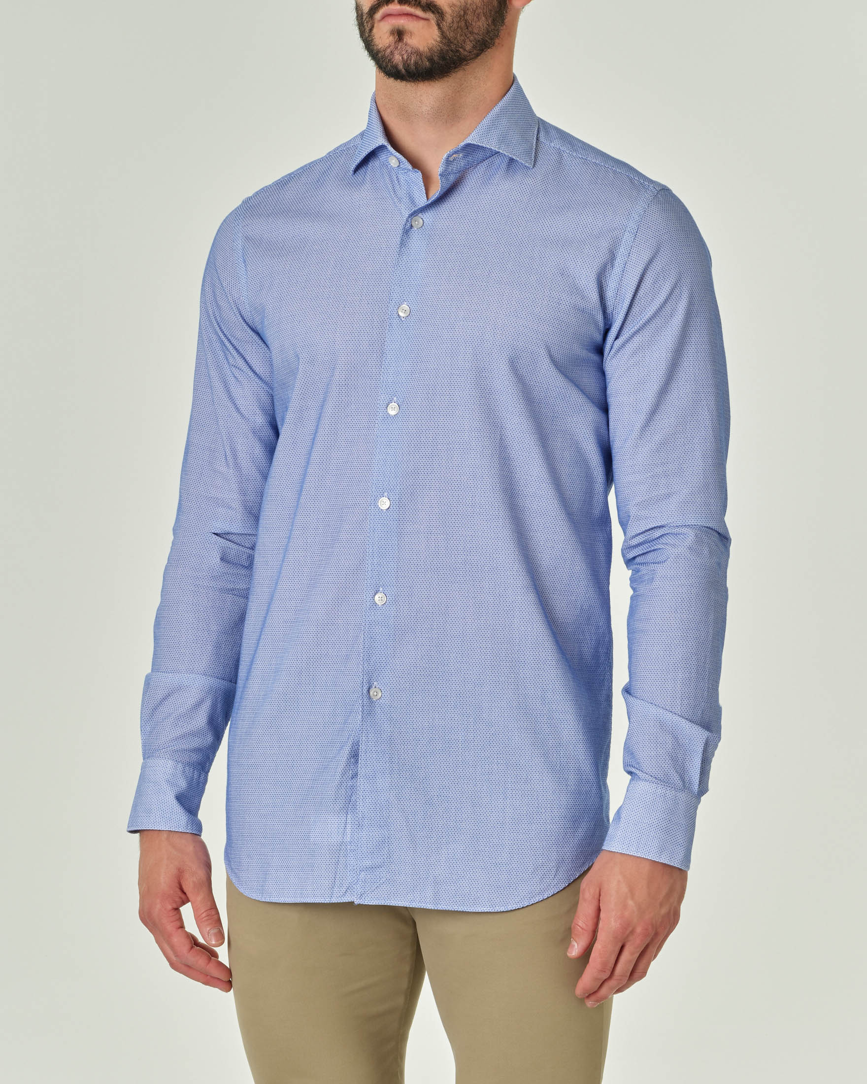 Camicia celeste in puro cotone micro armatura con collo alla francese