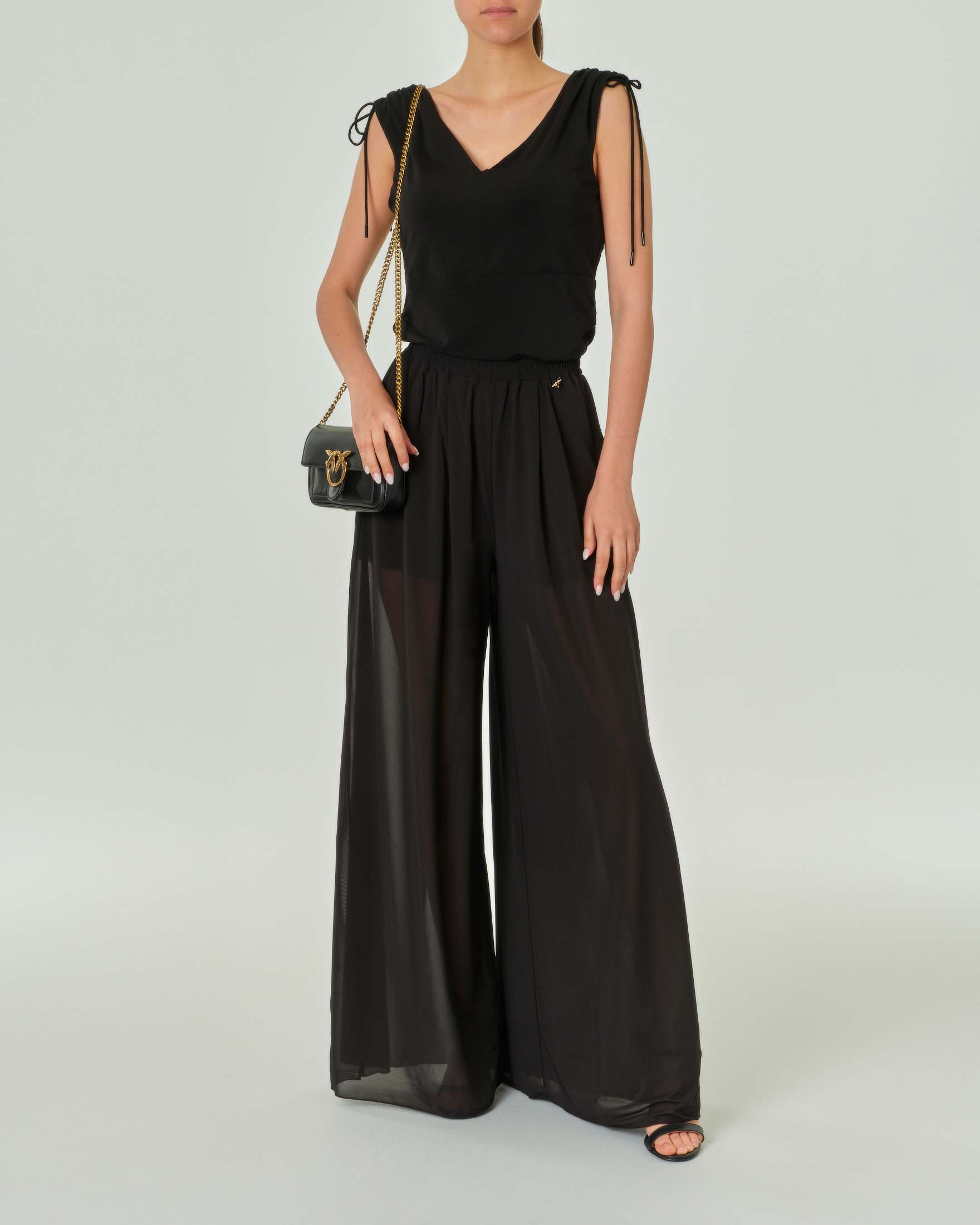 Top senza maniche nero in misto viscosa con laccetti sulle spalle