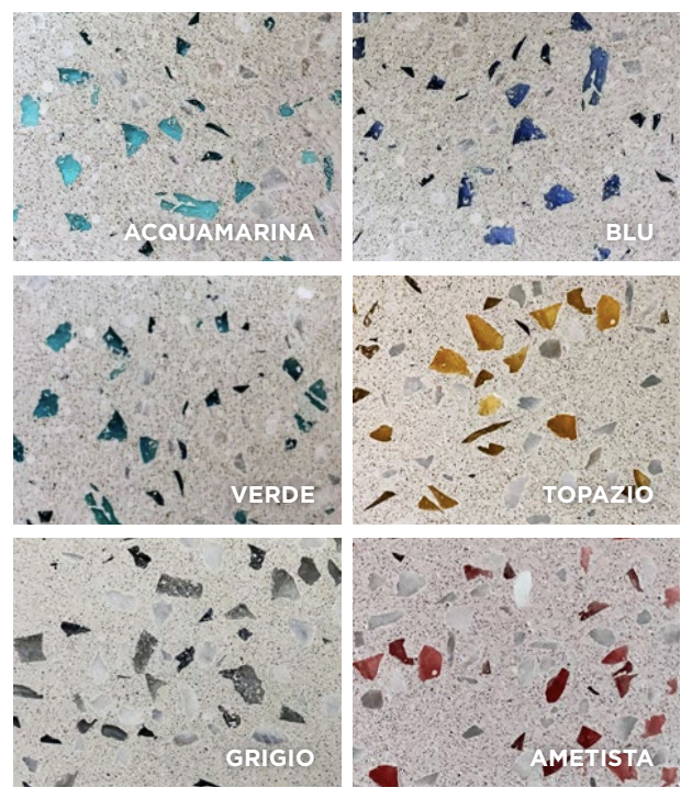 Wall2Floor Terrazzo sistema continuo con cristalli di vetro di Murano effetto terrazzo veneziano