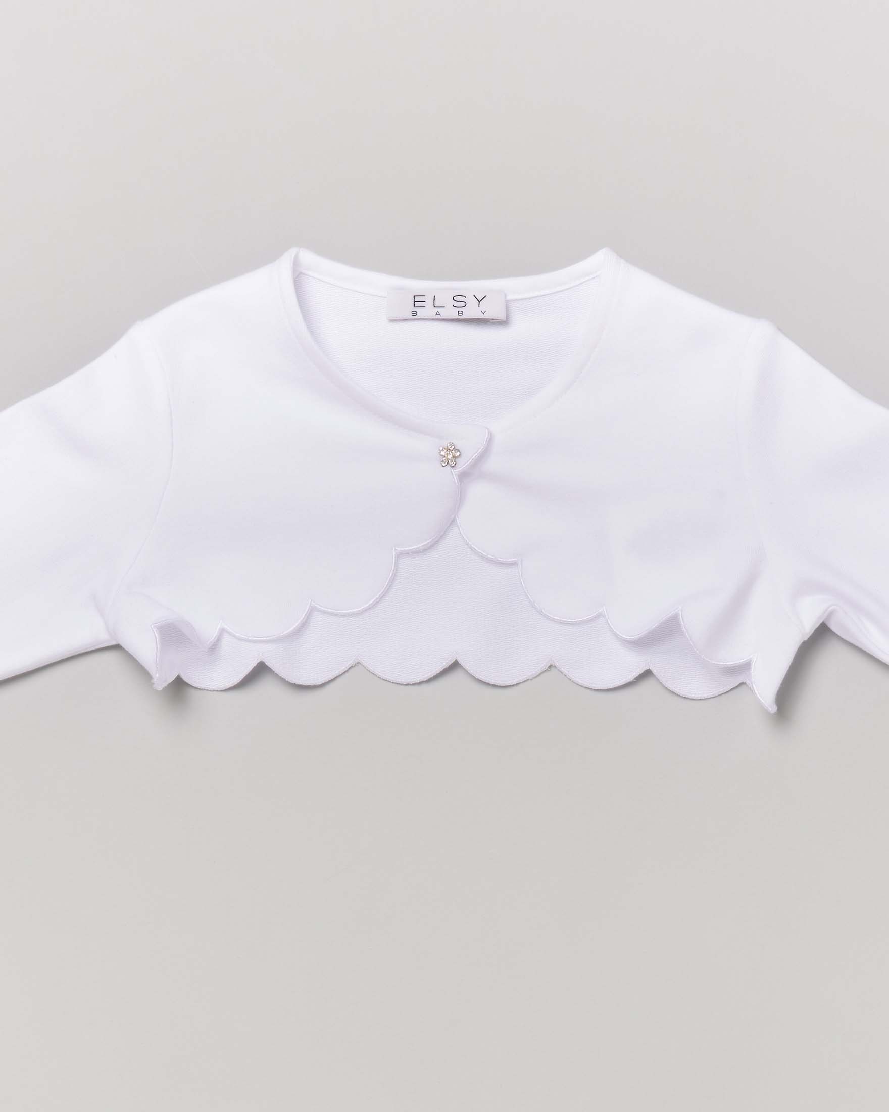 Bolero bianco in jersey con profili stondati e bottoncino gioiello 5-8 anni