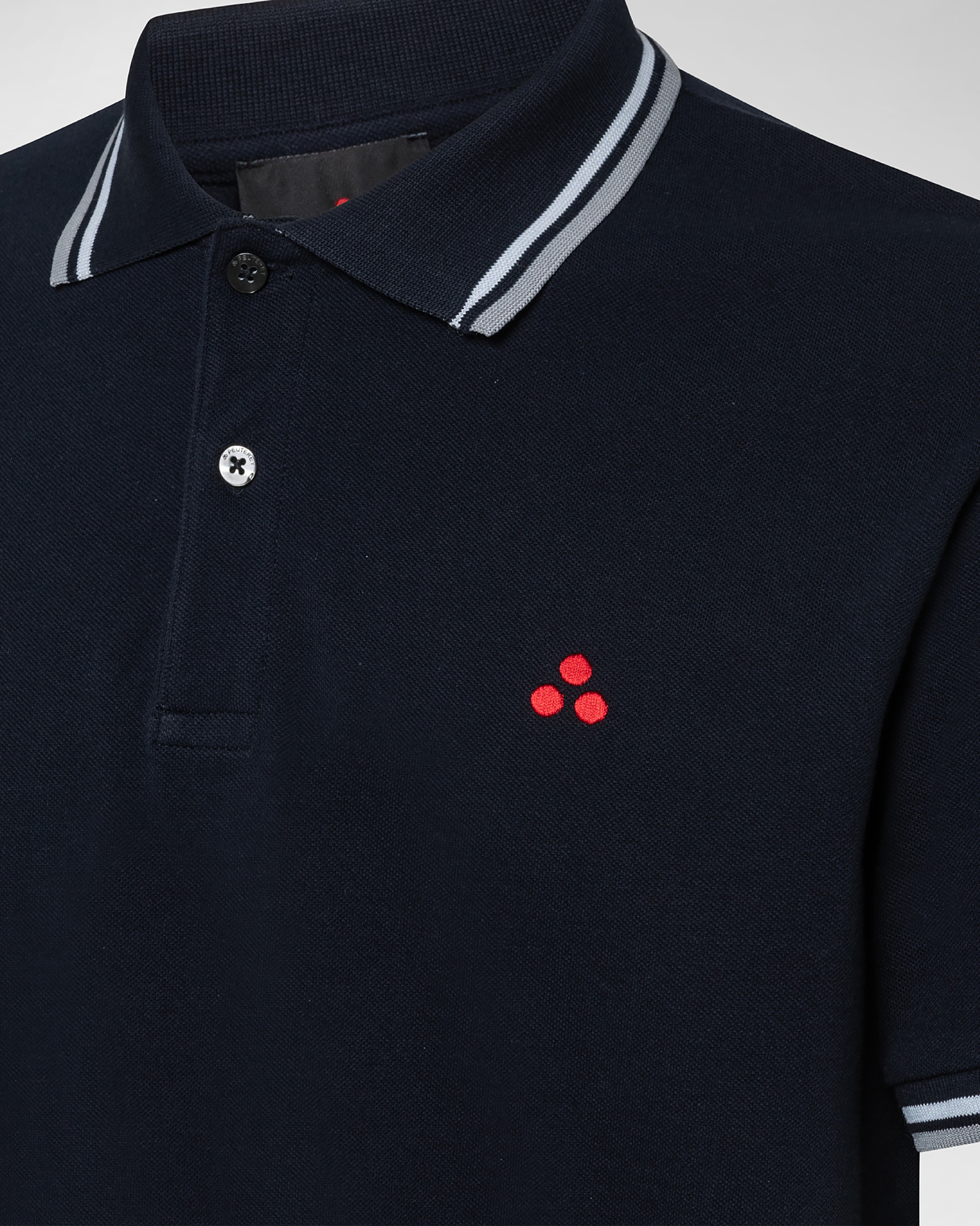 Polo blu mezza manica con bordino bianco e grigio