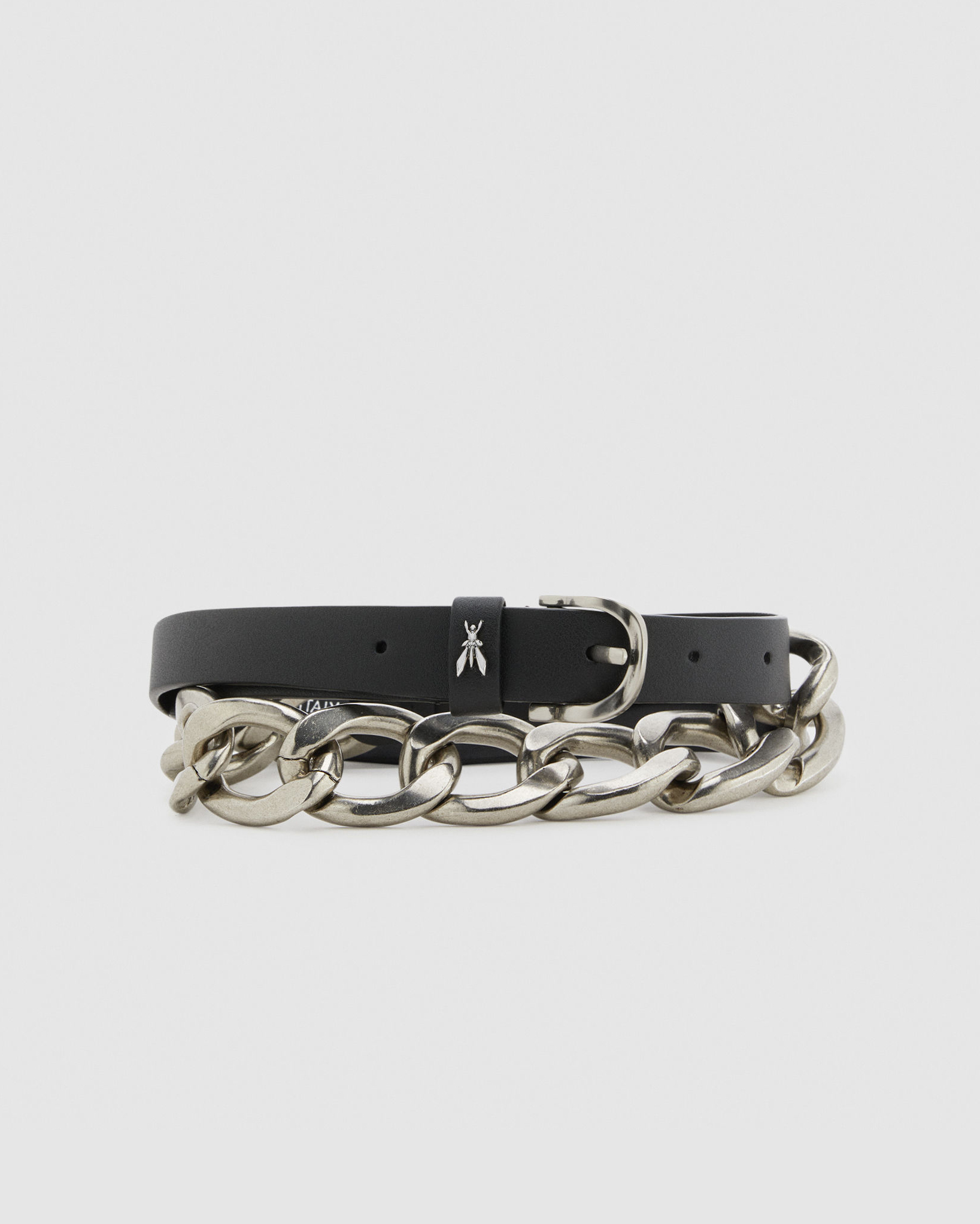 Cintura nera in pelle liscia e maxi catena galvanica con fibbia argento altezza 2cm