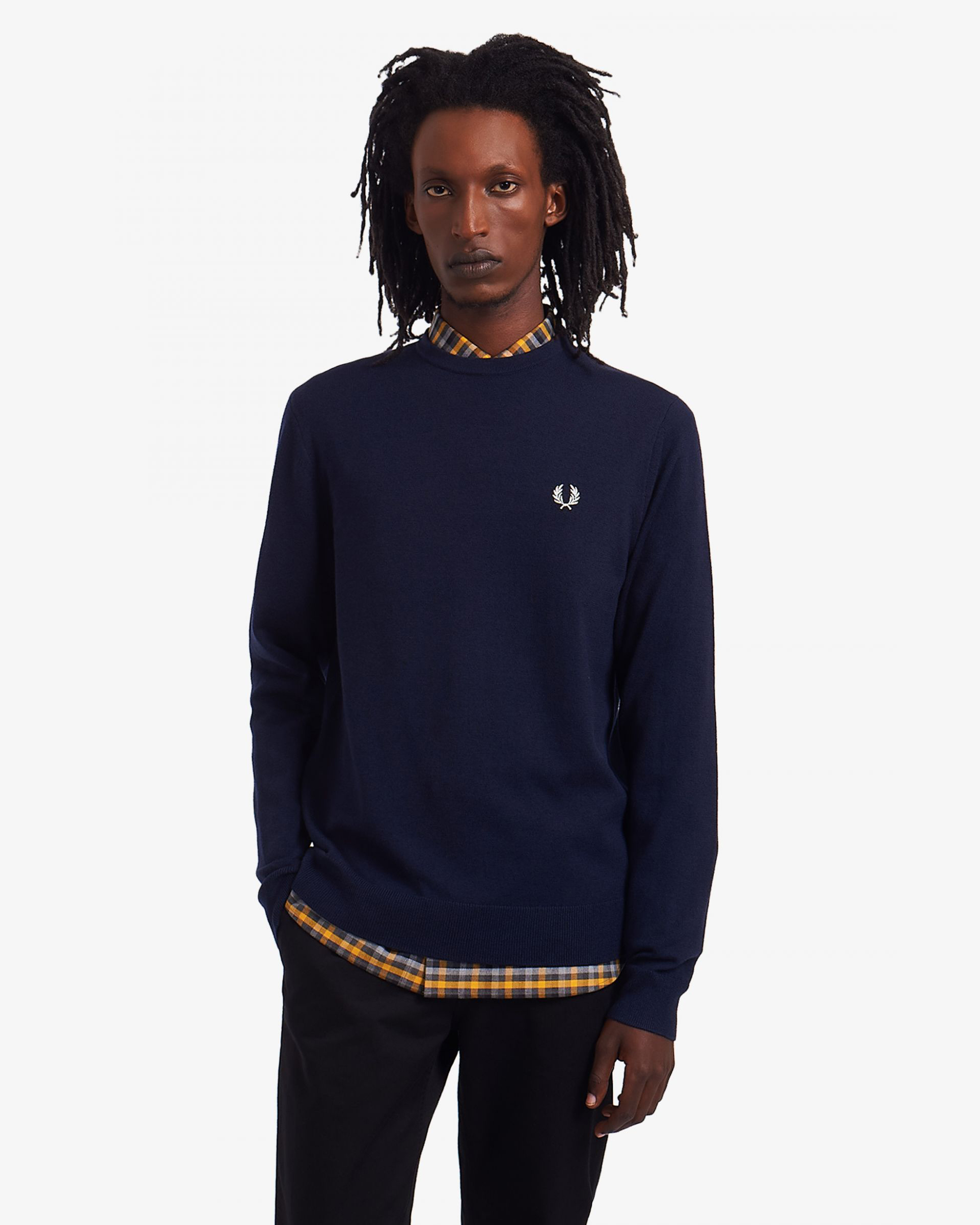 Maglia blu girocollo in misto lana e cotone con logo bianco