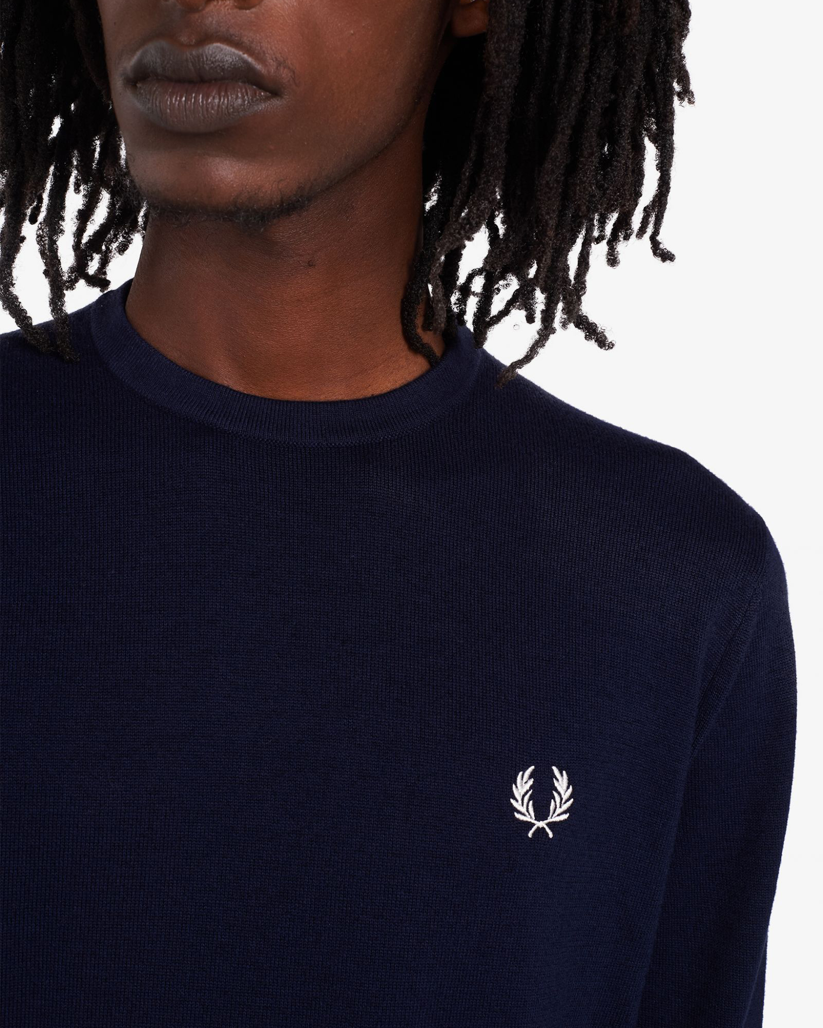 Maglia blu girocollo in misto lana e cotone con logo bianco image