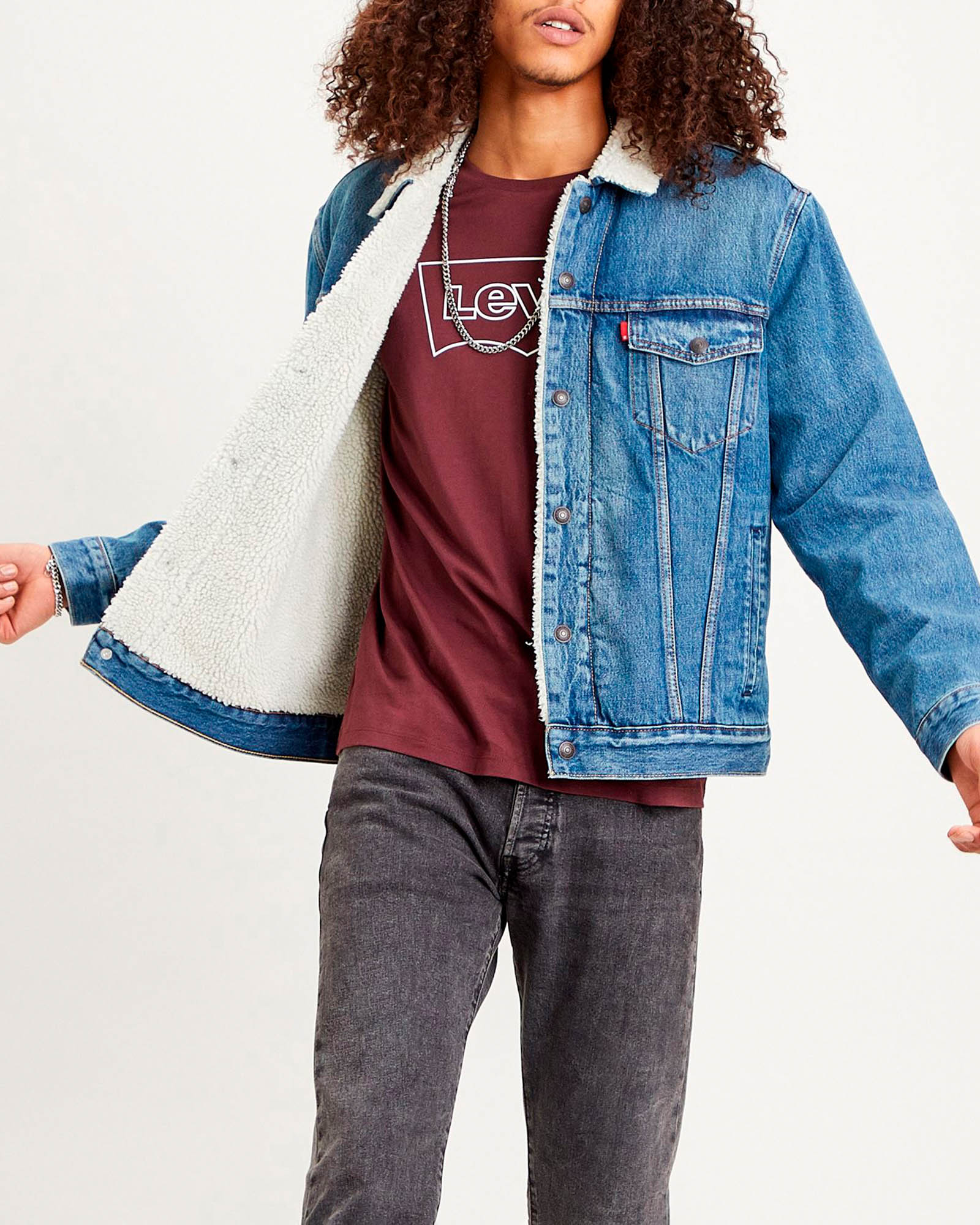 Giacca Sherpa nera in denim con orsetto tono su tono