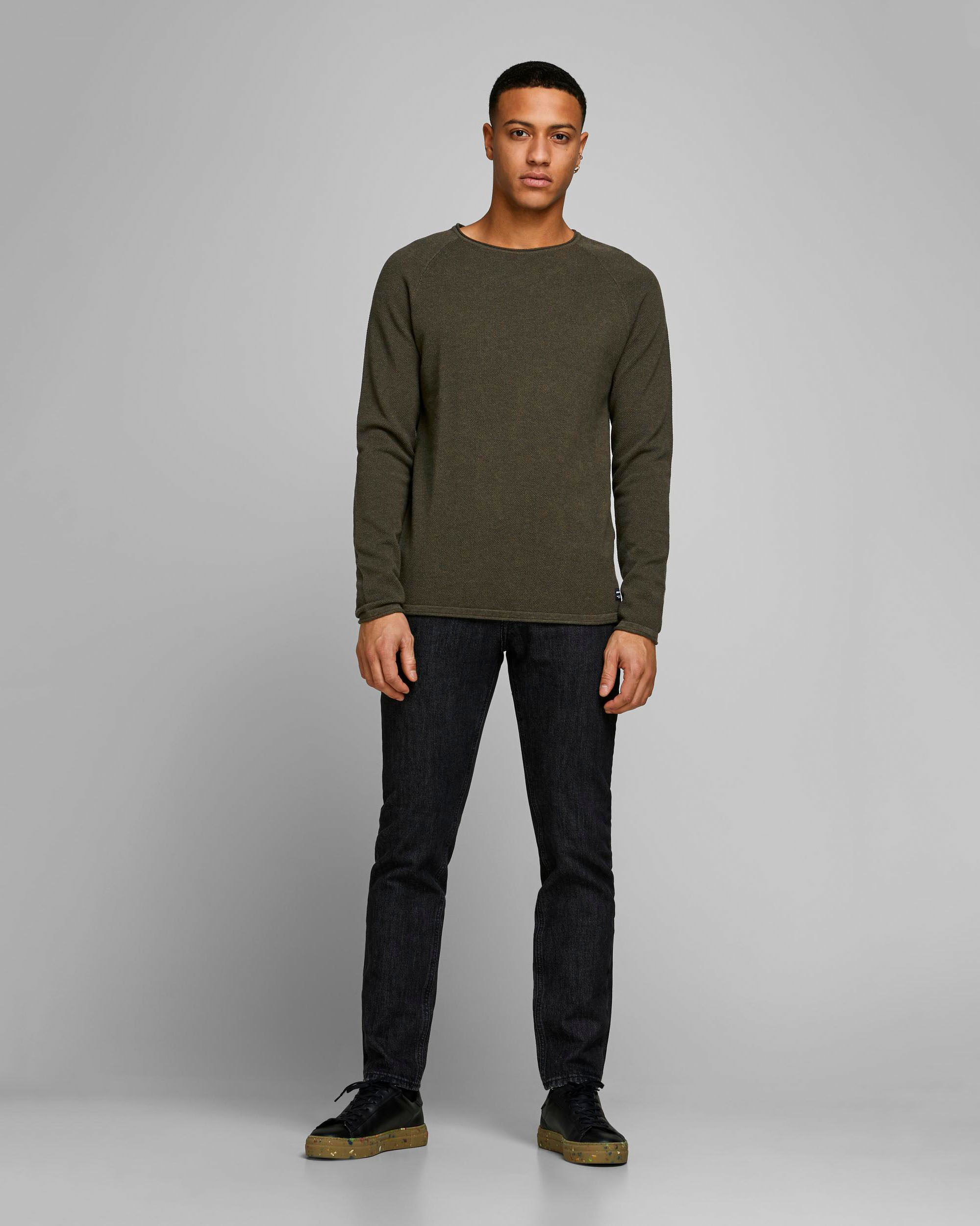 Maglia verde militare in cotone punto pepe con scollo a giro e maniche raglan