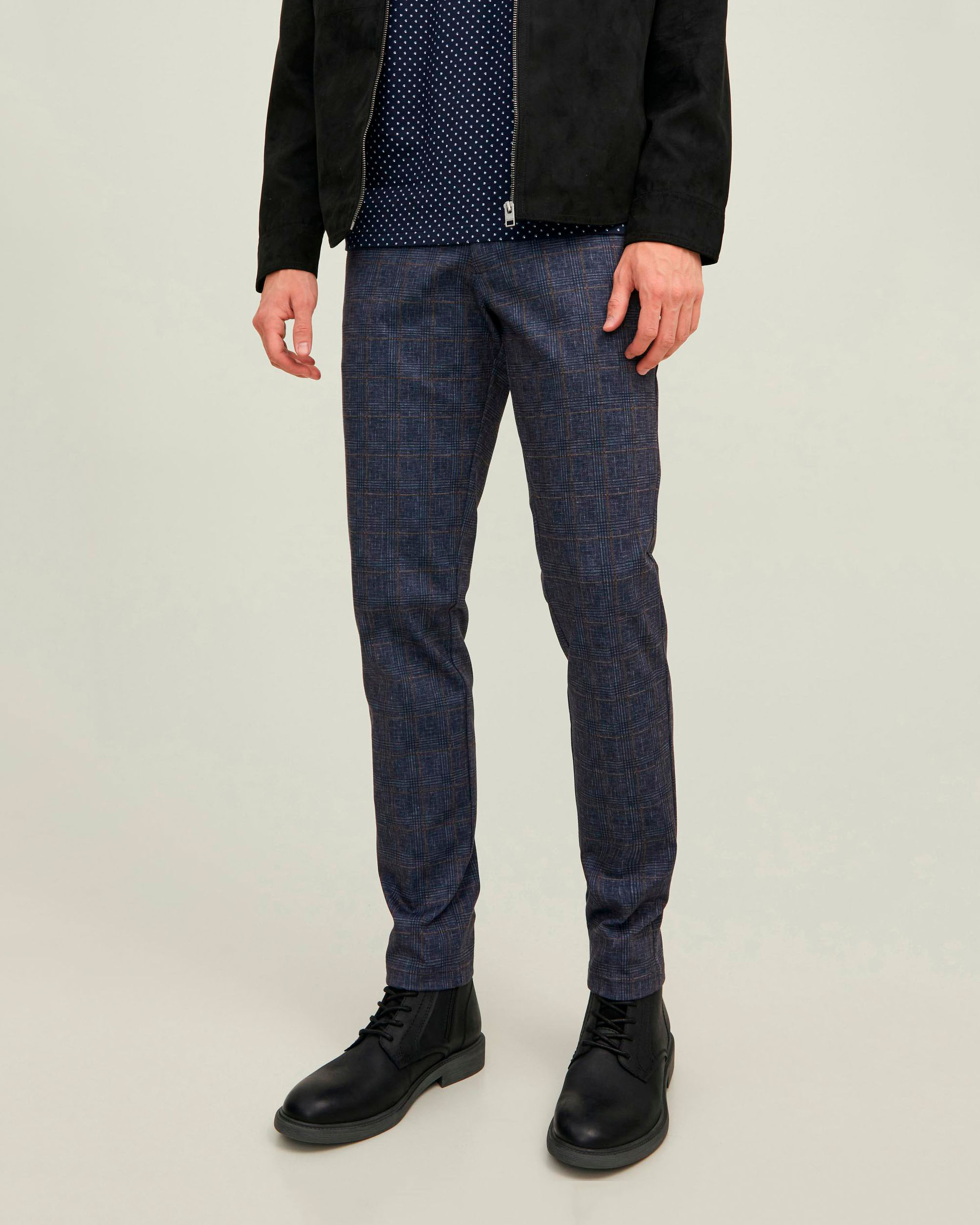 Pantalone chino blu in jersey a quadri scozzesi