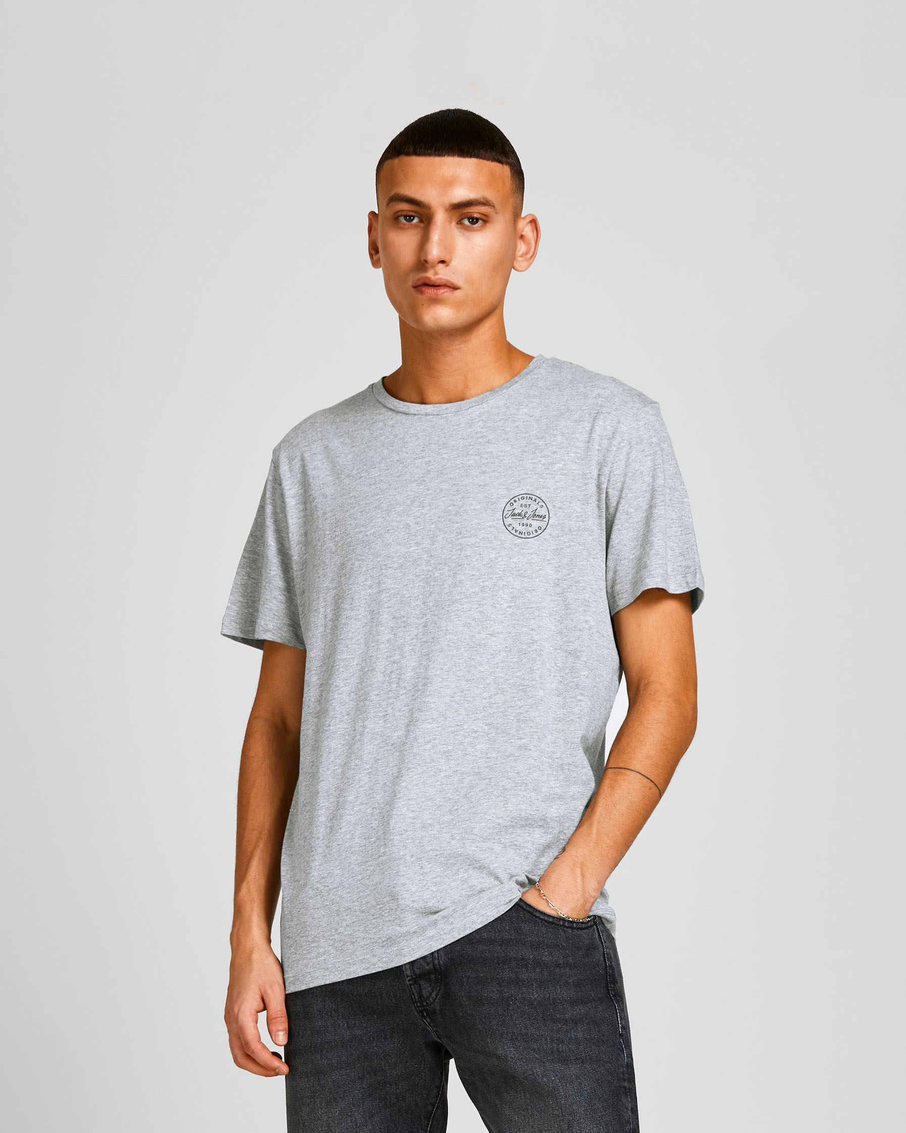 T shirt mezza manica grigio melange in puro cotone con stampa logo sul petto