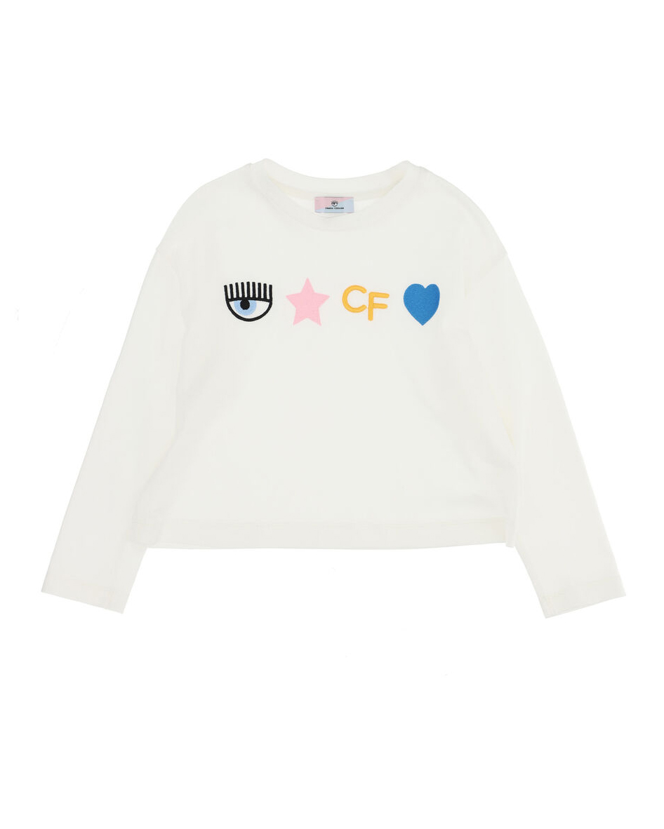 T-shirt bianca manica lunga con loghi ricamati sul fronte colorati 4-6 anni