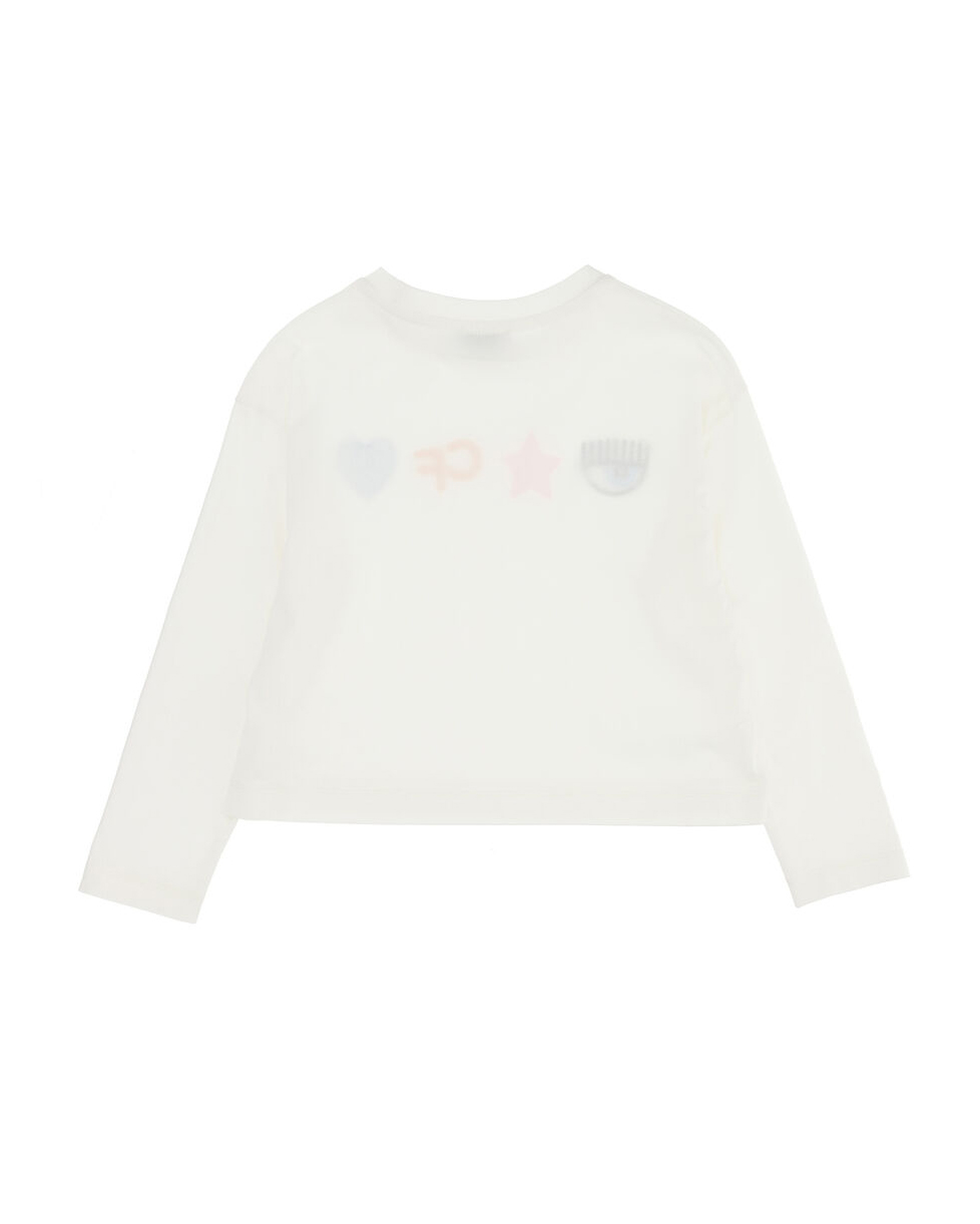 T-shirt bianca manica lunga con loghi ricamati sul fronte colorati 4-6 anni