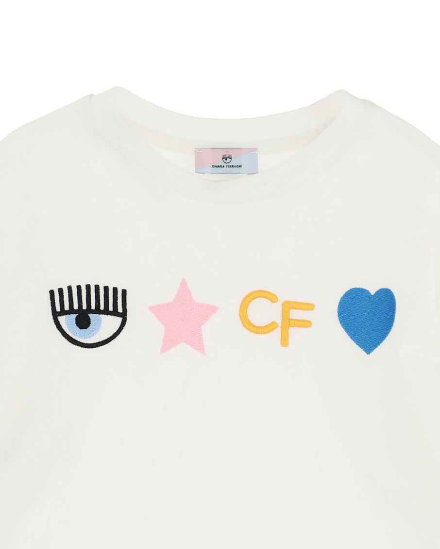 T-shirt bianca manica lunga con loghi ricamati sul fronte colorati 4-6 anni
