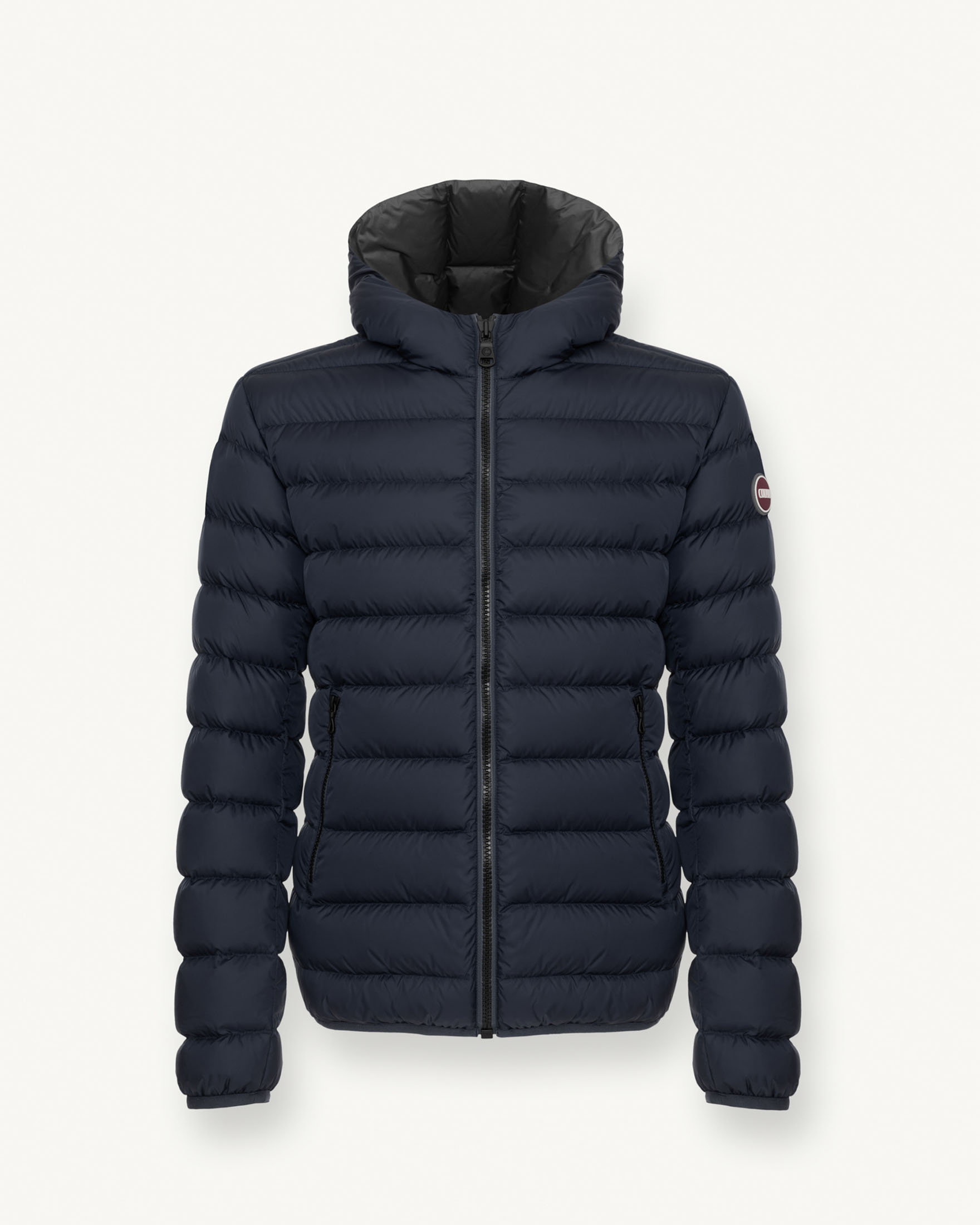 Piumino blu navy con cappuccio in nylon semilucido con fodera antracite