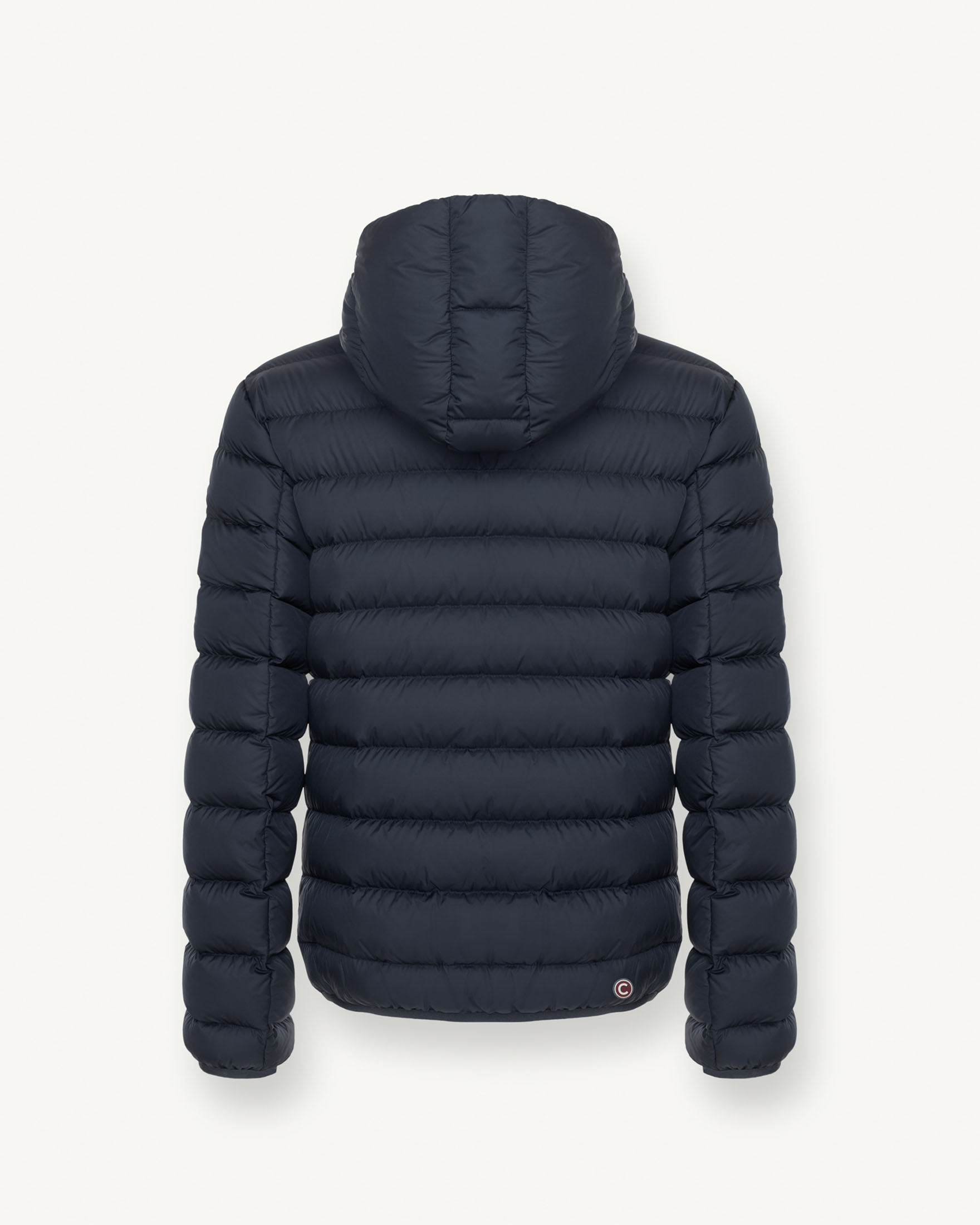 Piumino blu navy con cappuccio in nylon semilucido con fodera antracite