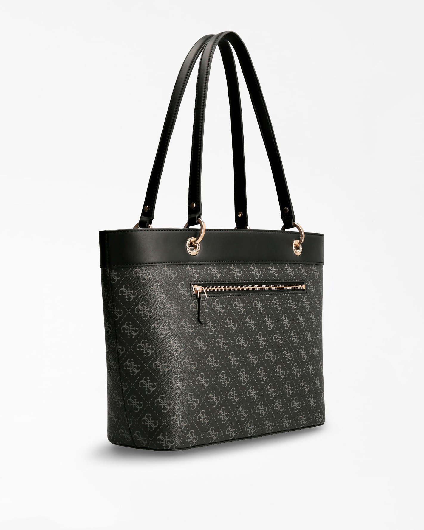 Shopping bag nera in similpelle effetto bottolato con logo all over