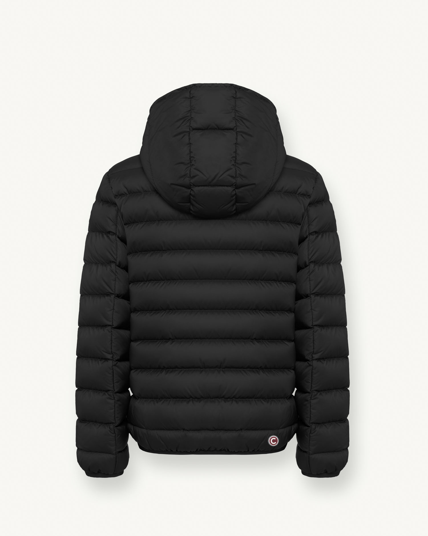 Piumino nero con cappuccio fisso in nylon opaco 