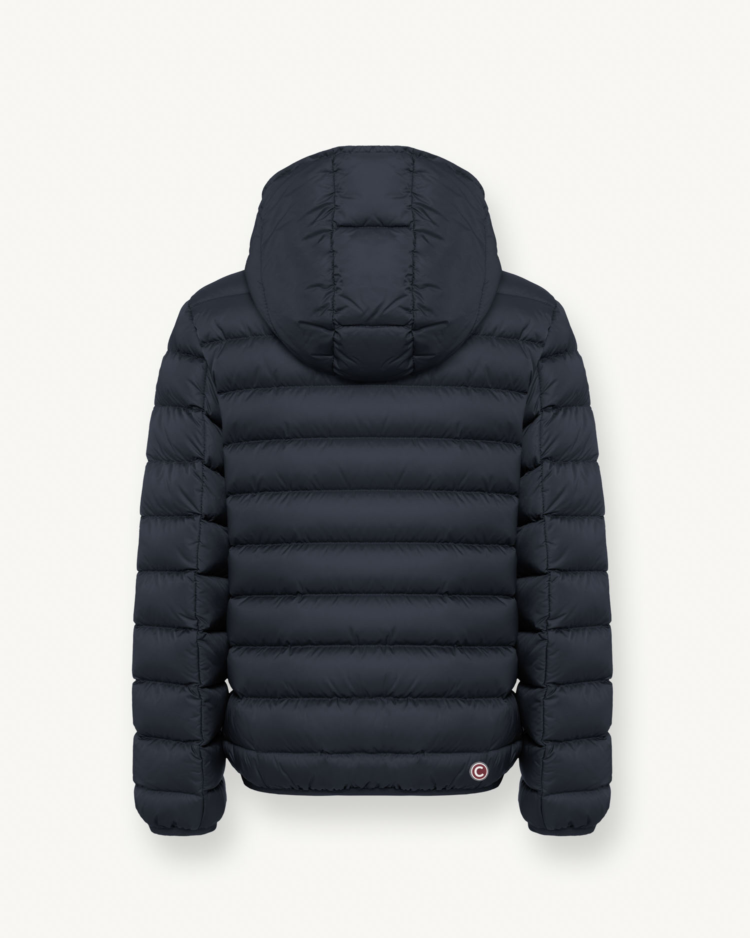 Piumino blu con cappuccio fisso in nylon opaco 