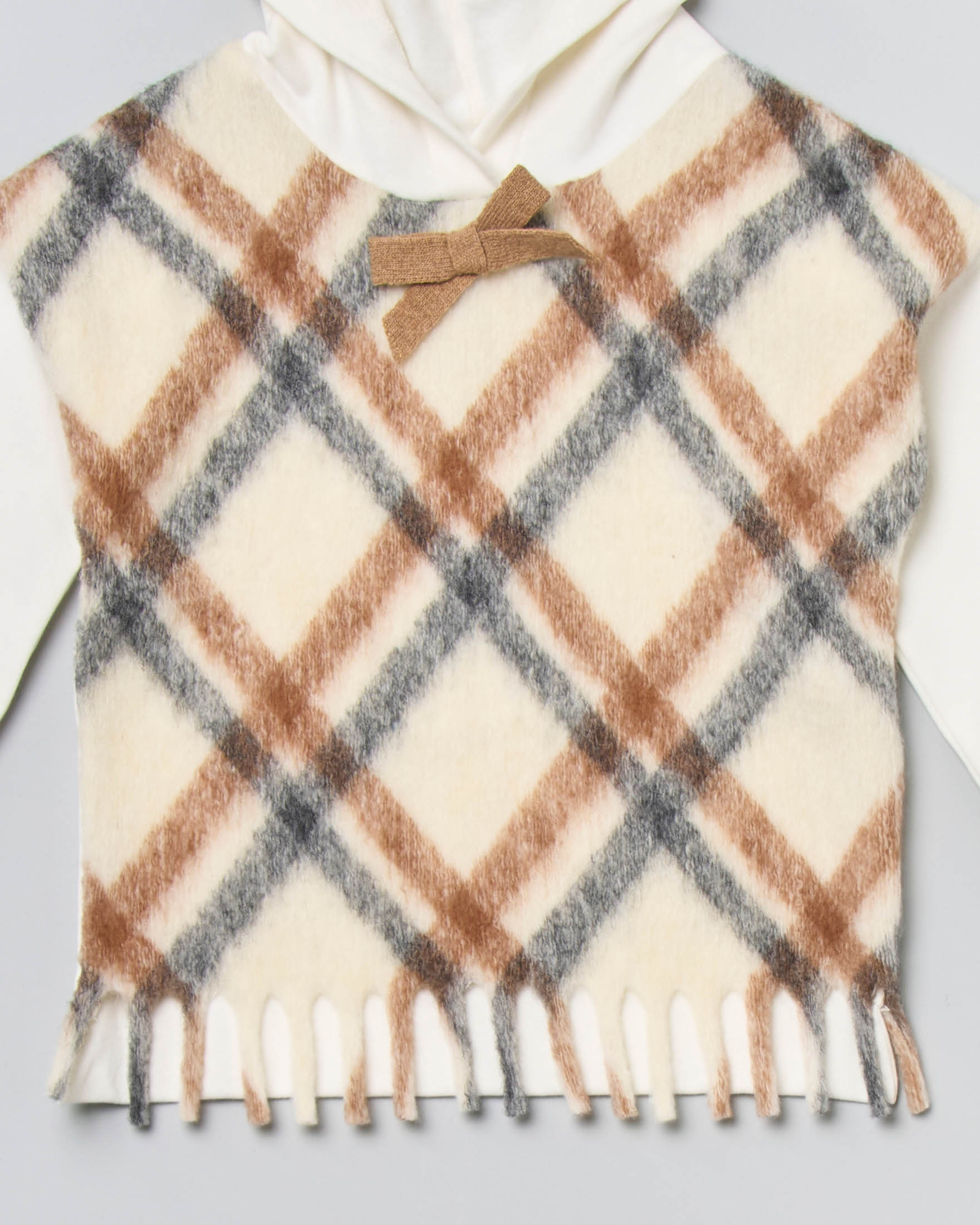 Felpa bianca con cappuccio e inserto gilet in lana avorio con check grigi e marroni 4-8 anni