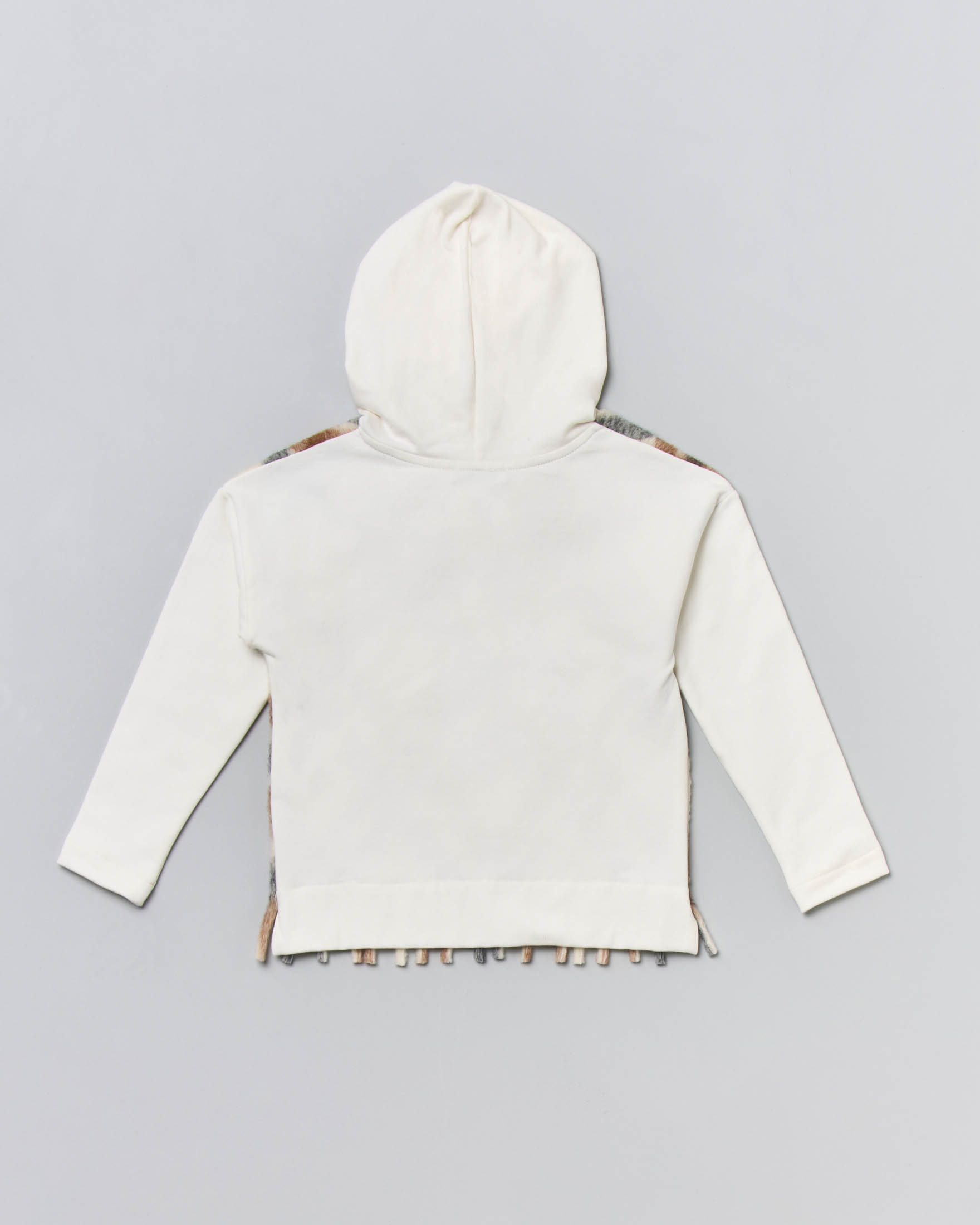 Felpa bianca con cappuccio e inserto gilet in lana avorio con check grigi e marroni 4-8 anni
