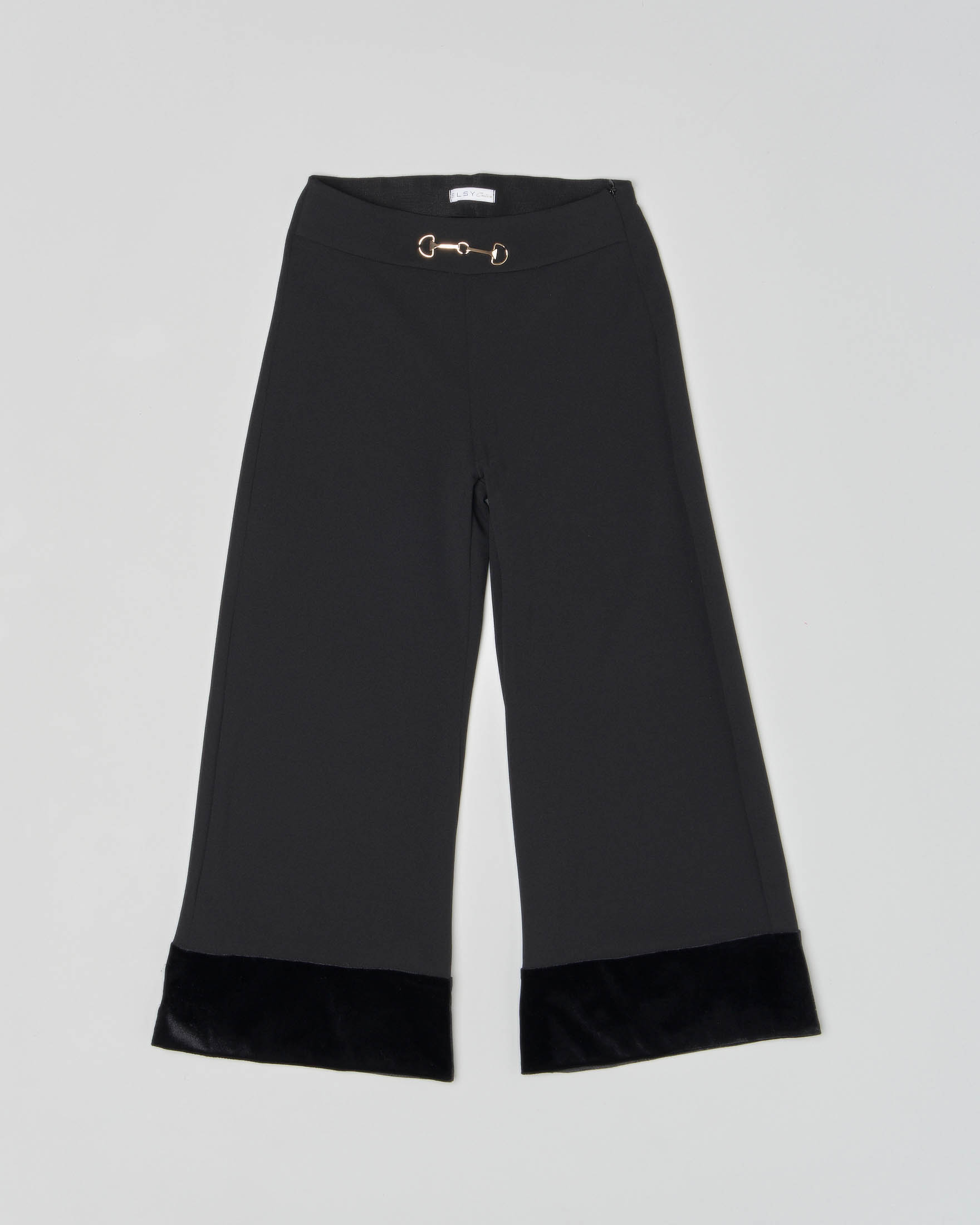 Pantalone nero a palazzo con bordo in velluto e applicazione in metallo dorato in vita 36-38