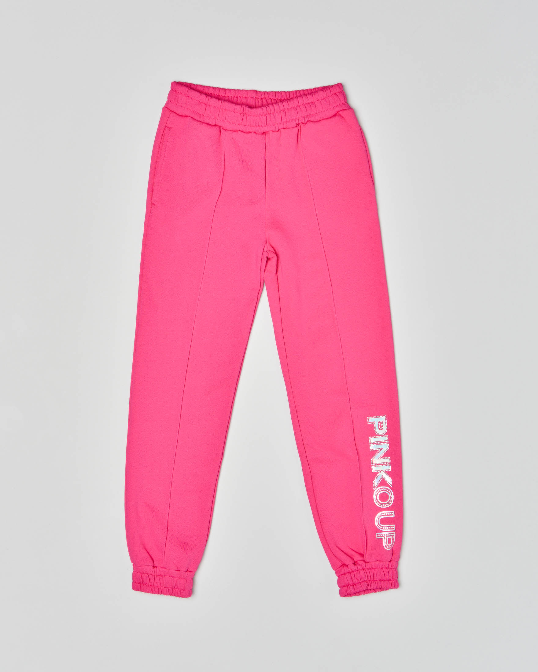 Joggers fucsia in cotone con logo argento con strass applicato sul fondo M-XL