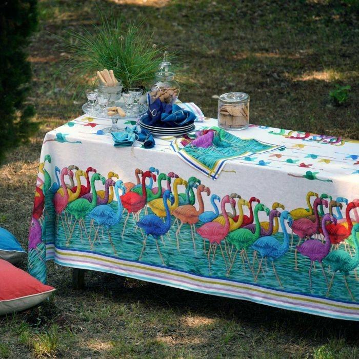 Tablecloth Tessitura Toscana Telerie linen FLAMINGO flamingos