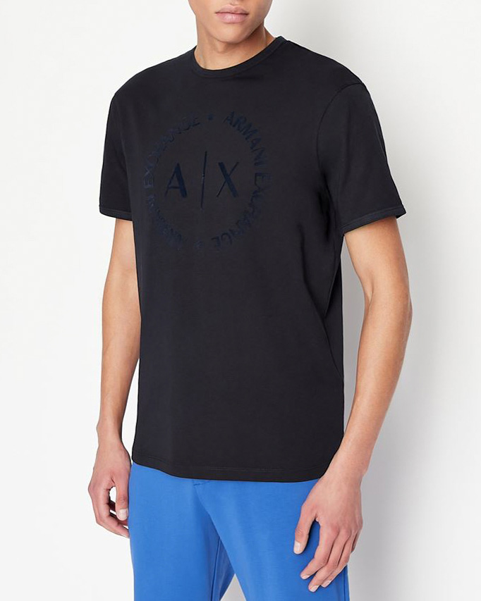 T-shirt blu a mezza manica con logo ricamato tono su tono