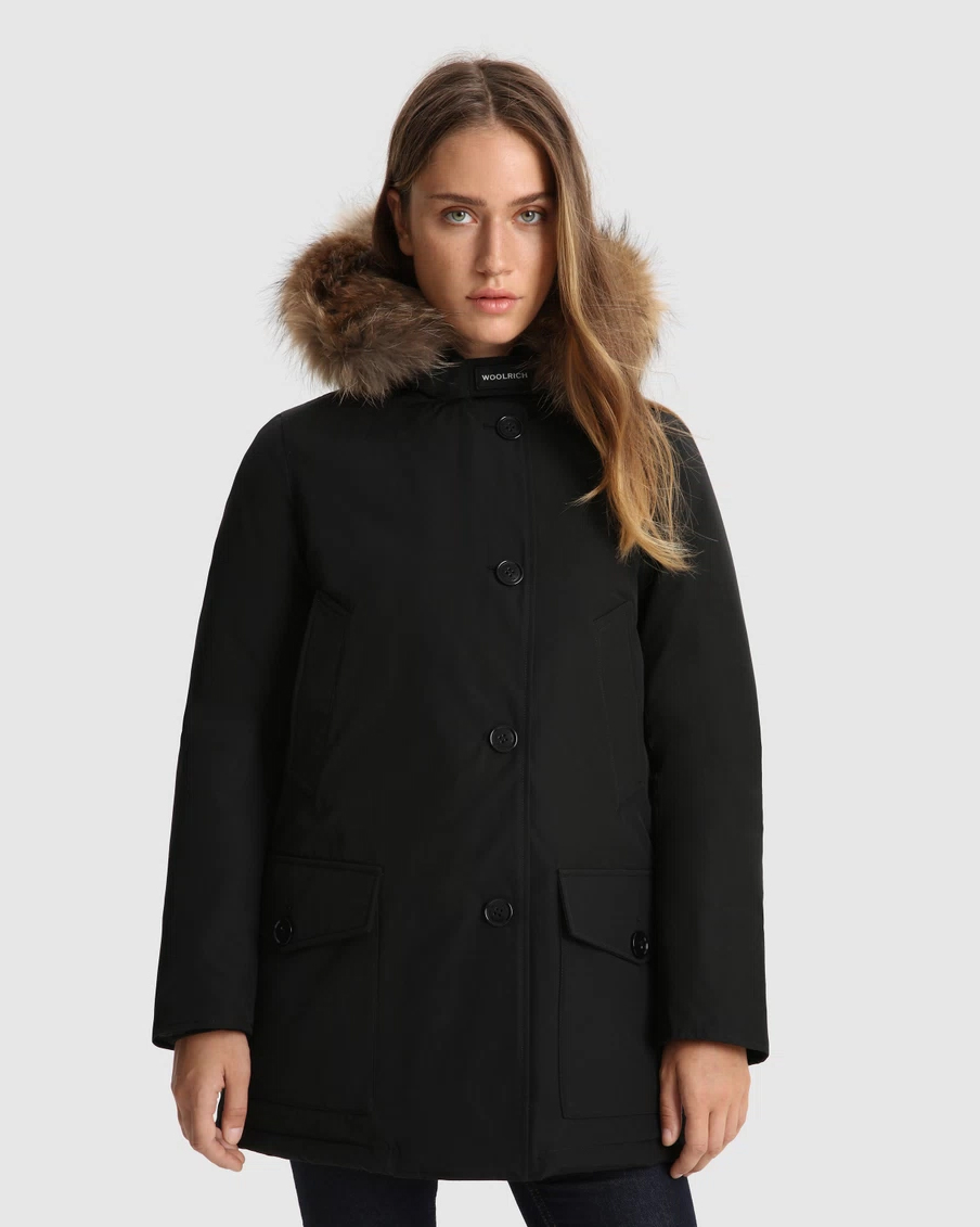 Arctic Parka nero con bordatura del cappuccio in pelliccia rimovibile imbottito in piuma naturale