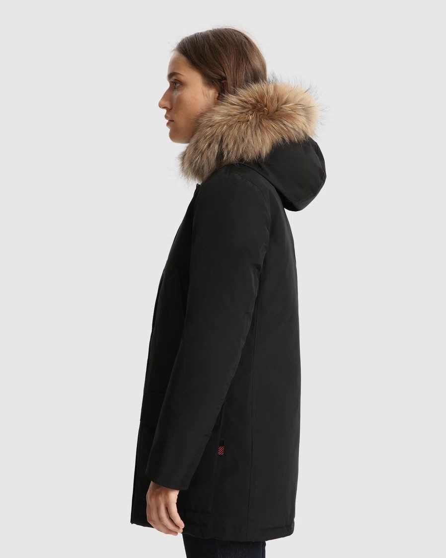 Arctic Parka nero con bordatura del cappuccio in pelliccia rimovibile imbottito in piuma naturale