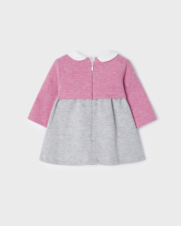 Abito grigio in puro cotone con colletto camicia e coprispalla lampone 6-18 mesi