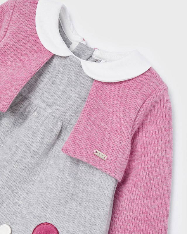 Abito grigio in puro cotone con colletto camicia e coprispalla lampone 6-18 mesi