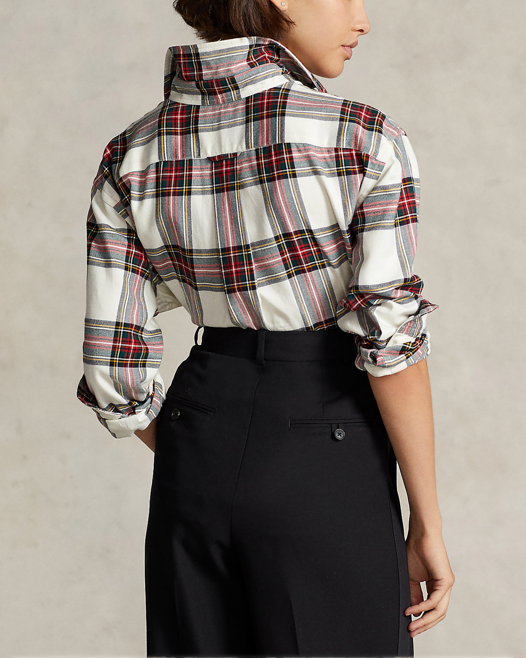 Camicia in cotone avorio a fantasia tartan rossa