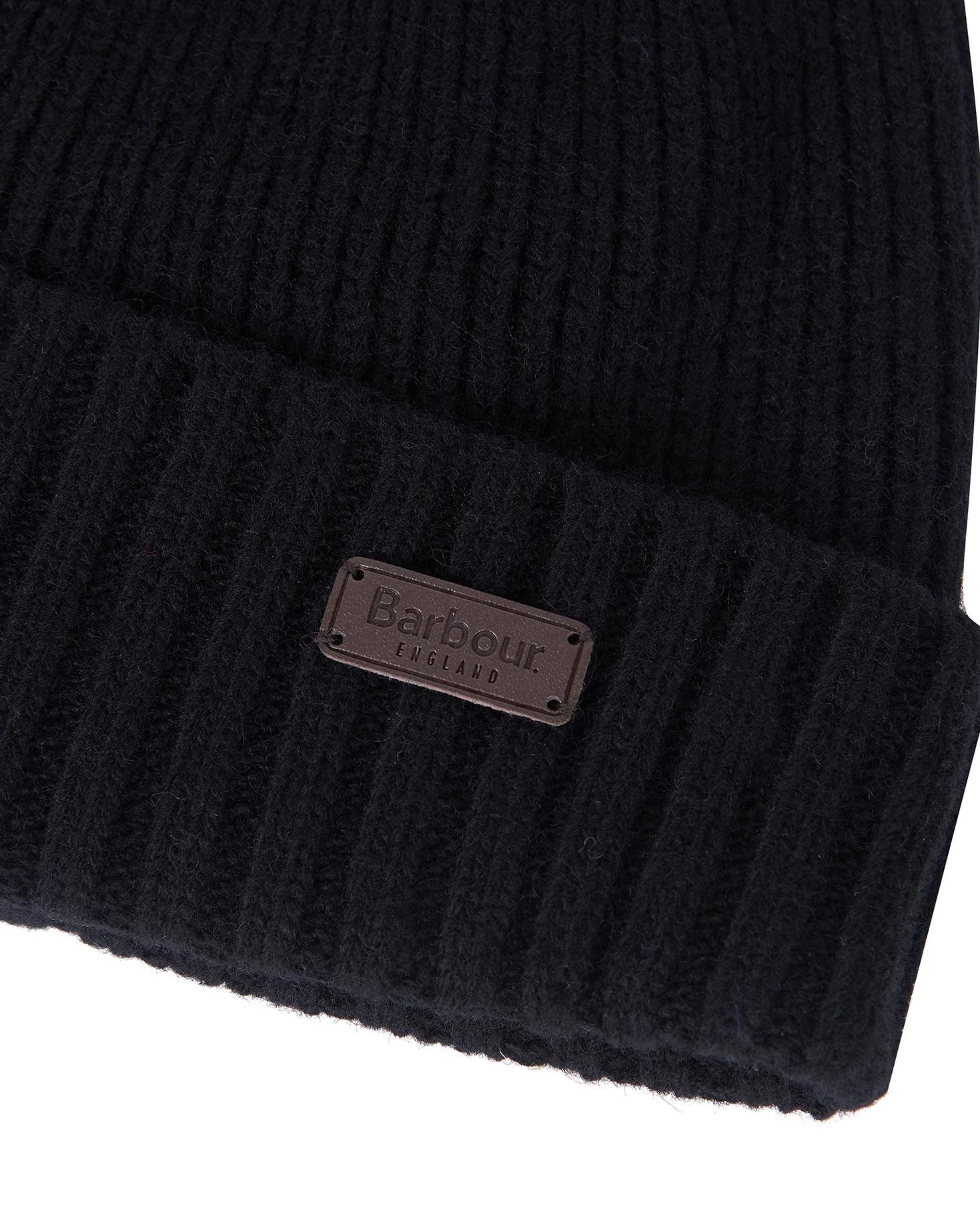 Berretto Barbour nero in lana con risvolto e logo patch applicato