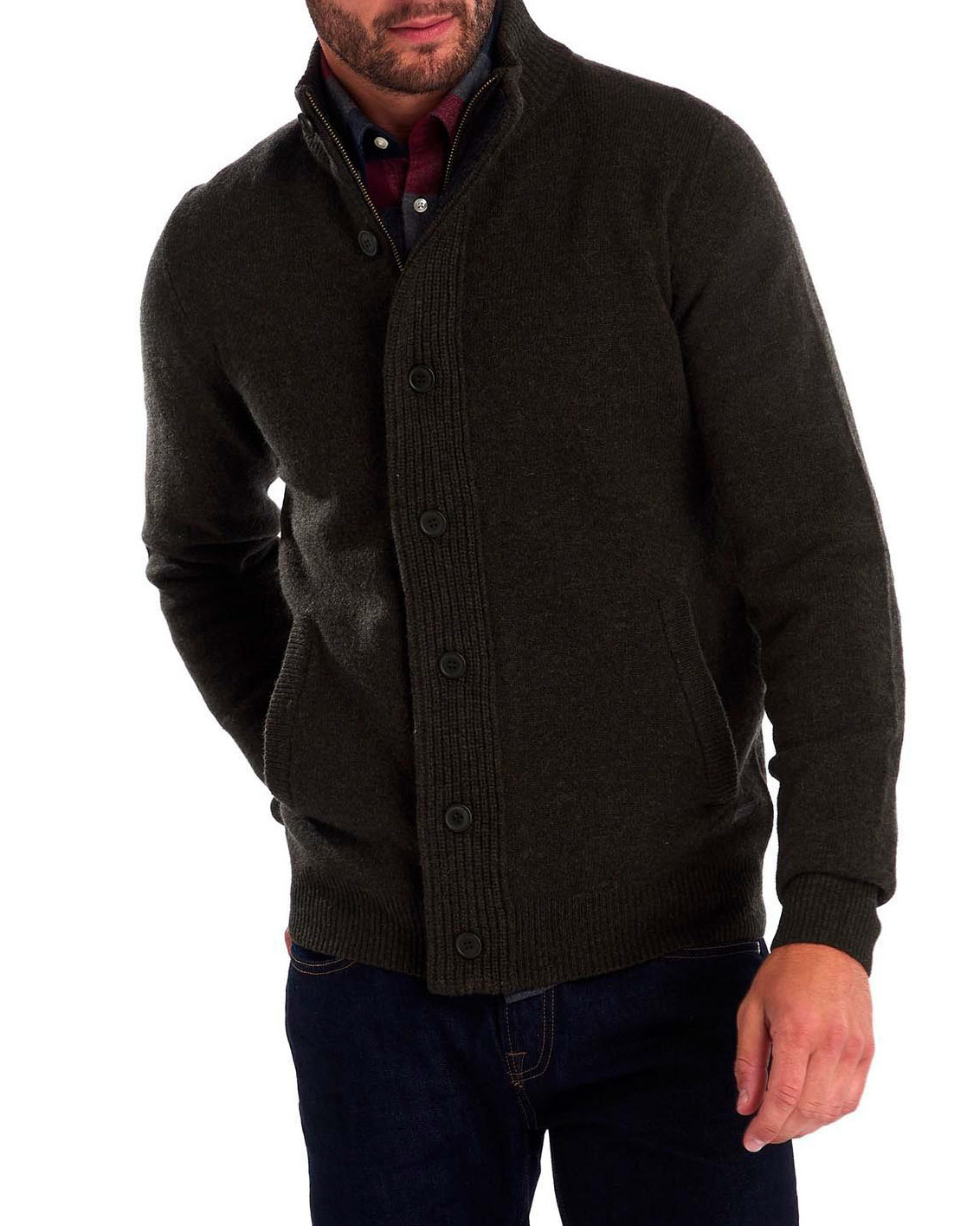 Maglione Barbour verde militare in pura lana con doppia chiusura zip e bottoni