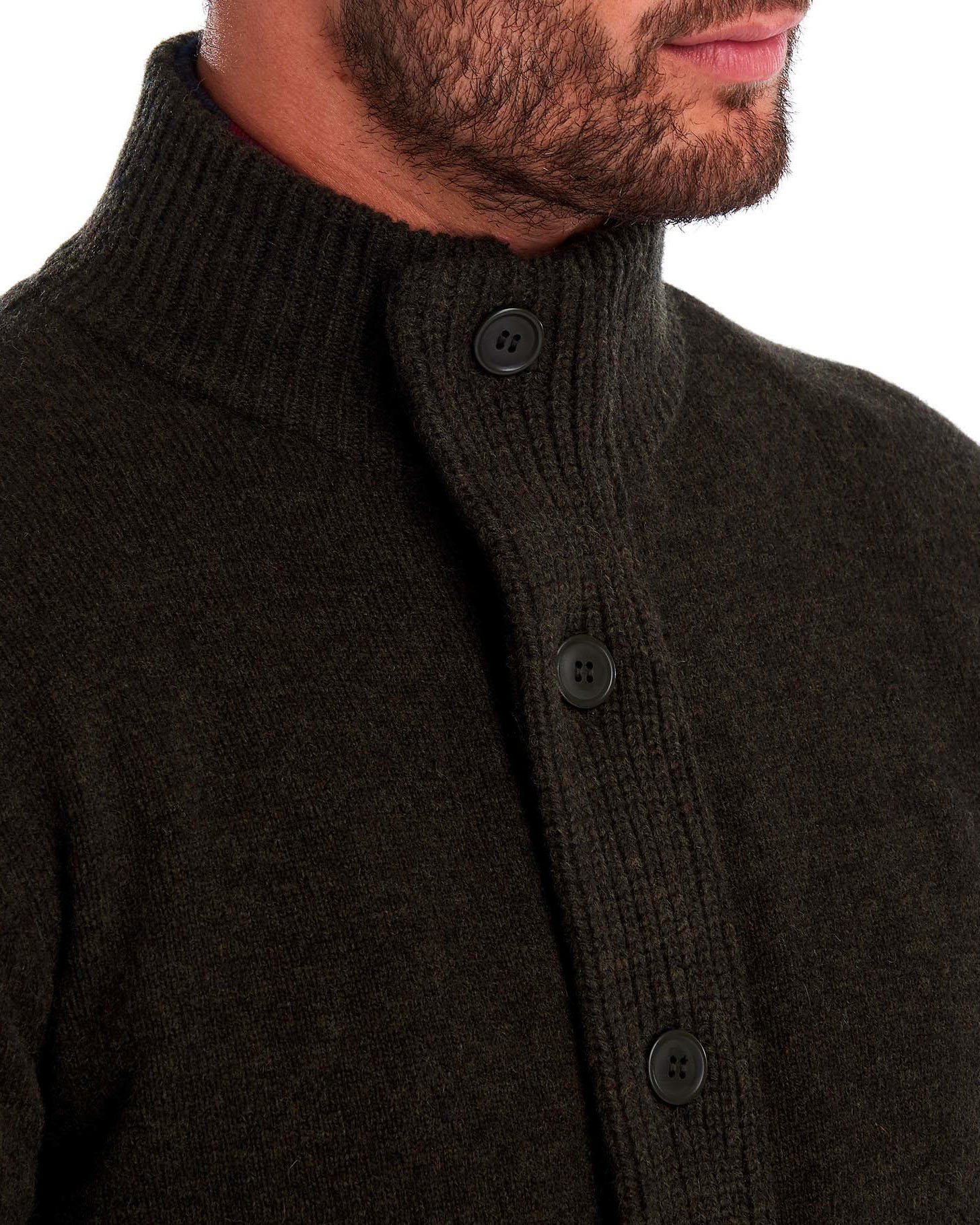 Maglione Barbour verde militare in pura lana con doppia chiusura zip e bottoni