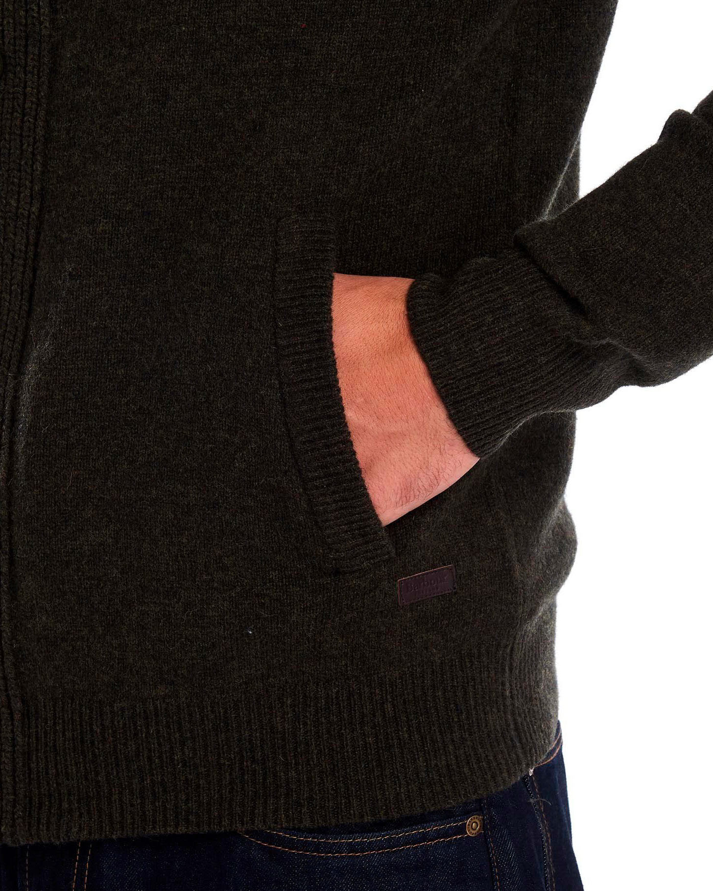 Maglione Barbour verde militare in pura lana con doppia chiusura zip e bottoni