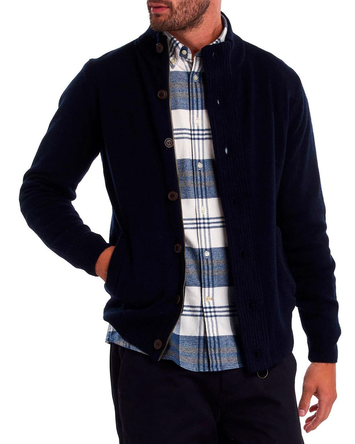 Maglione Barbour blu in pura lana con doppia chiusura zip e bottoni